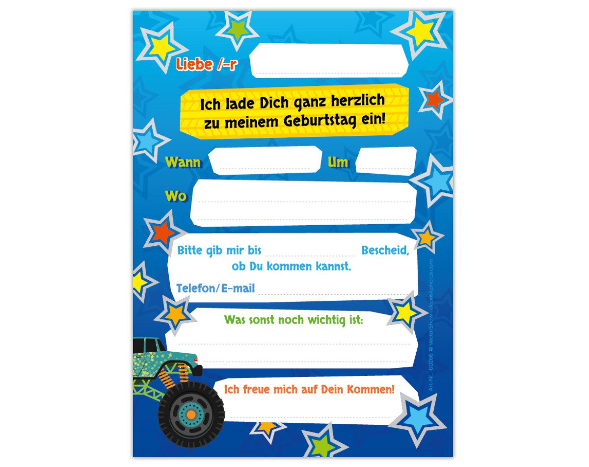 JUNAPACK Einladungskarten Auto zum 7. Kindergeburtstag Jungen Einladungen Karten Monster Truck, Einladungskarten mit einem Monster Truck Motiv zum siebten Geburtstag