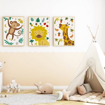 Tigerlino Poster Dschungel Safari Tiere 3er Set Kinderzimmer Bilder Affe Löwe Giraffe