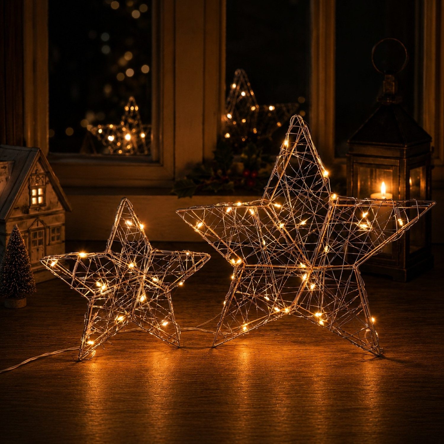 Online-Fuchs LED Dekoobjekt 2 Sterne mit LEDs beleuchtet und 6-Stunden Timer - Weihnachtsdeko, Lichterkette mit 15 und 30 LEDs, warmweiß beleuchtet, schlichte und moderne Weihnachtsdekoration zum Hinstellen