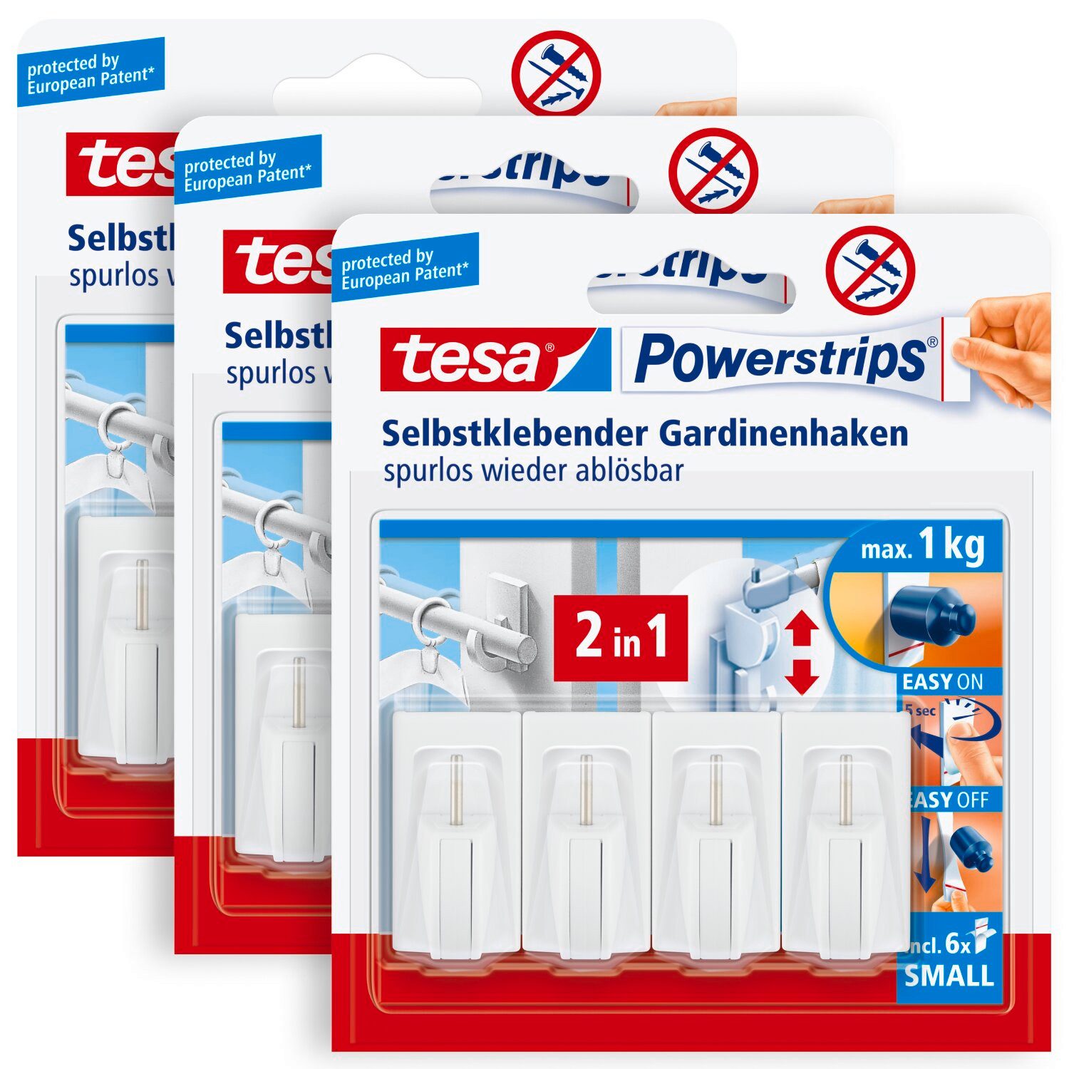 tesa Klebehaken Powerstrips Gardinenhaken, Gardinen, (Packung, 12-St., Haken, Powerstrip), Stripes selbstklebend - Haken für Gardinen - je max. 1 kg