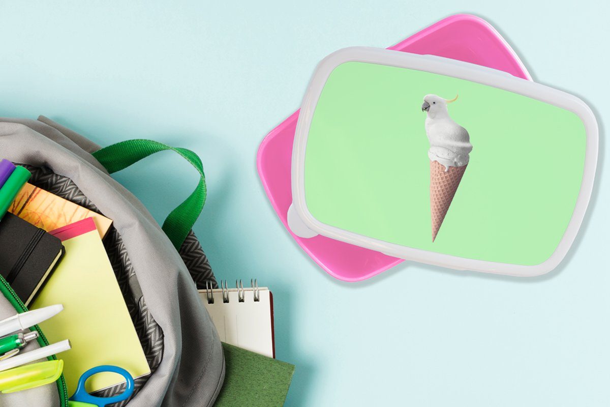 Brotdose Erwachsene, Papagei Mädchen, rosa - Lunchbox - (2-tlg), Brotbox Kunststoff - Snackbox, MuchoWow für Kinder, Eiscreme Weiß Kunststoff, Grün, Eistüten -
