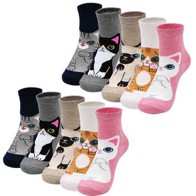 Alster Herz Freizeitsocken 5 Paar Damen bunte Socken, niedliche Katze Motiv, A0490 (10-Paar) lustige bunte Socken für Damen