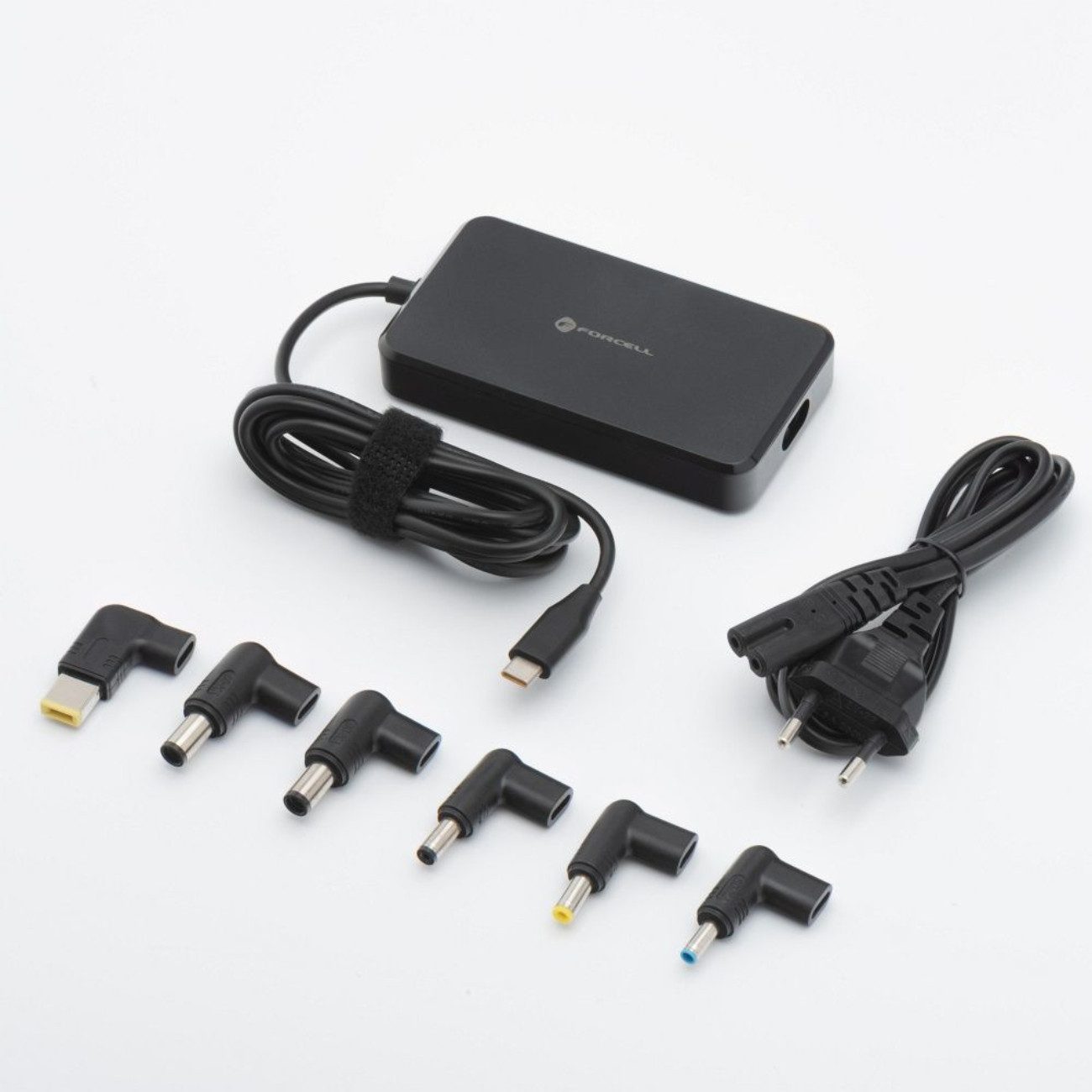 Forcell F-ENERGY E856 Laptop-Ladegerät (Netzteil mit festem USB-C-Kabel, 6 Adapter, Netzkabel, Universell einsetzbares 65 W Netzteil mit 6 Adaptern und USB-C PD)
