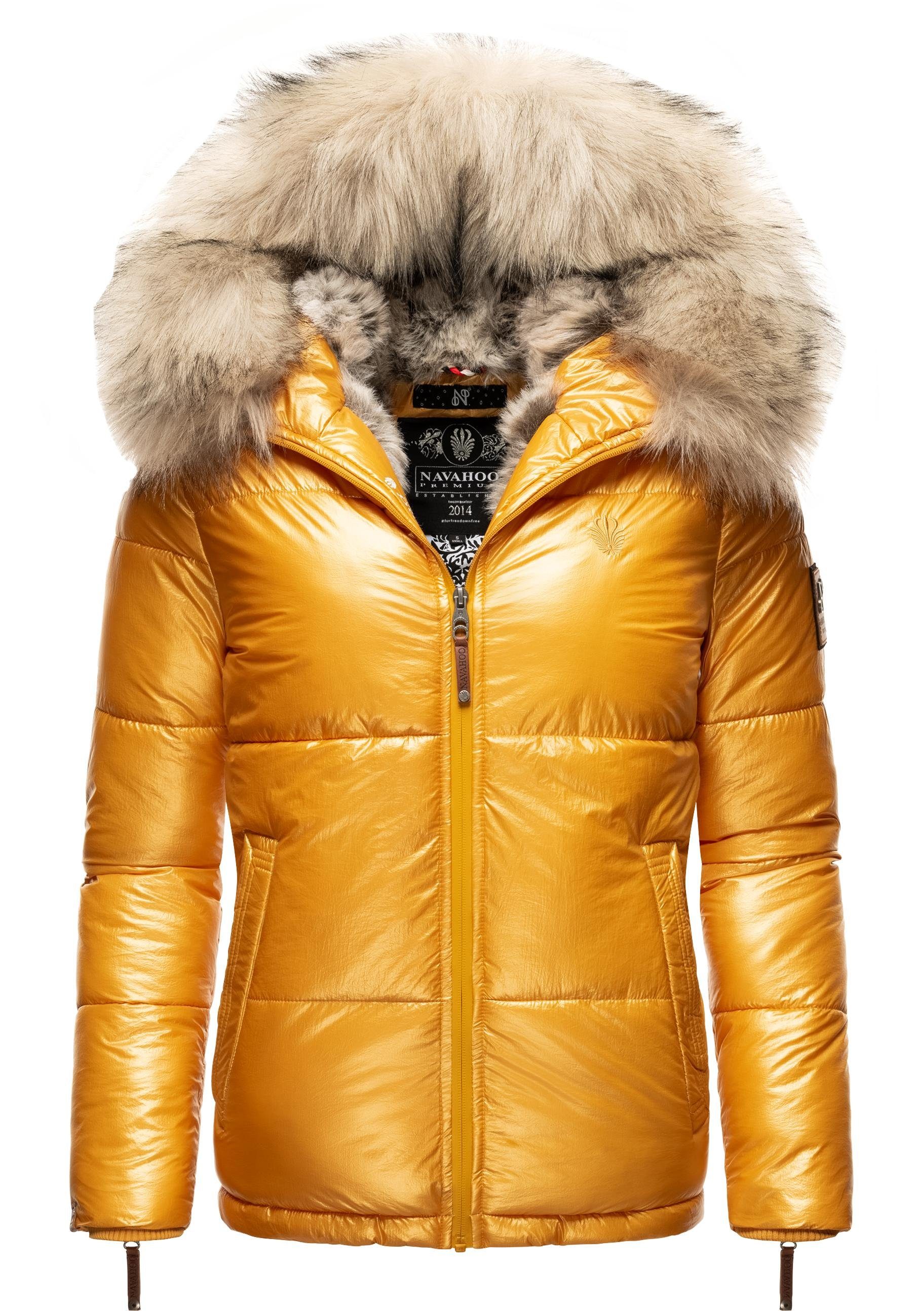 Navahoo Winterjacke Tikunaa warm gefütterte Damen Steppjacke mit Kunstfellkapuze gelb