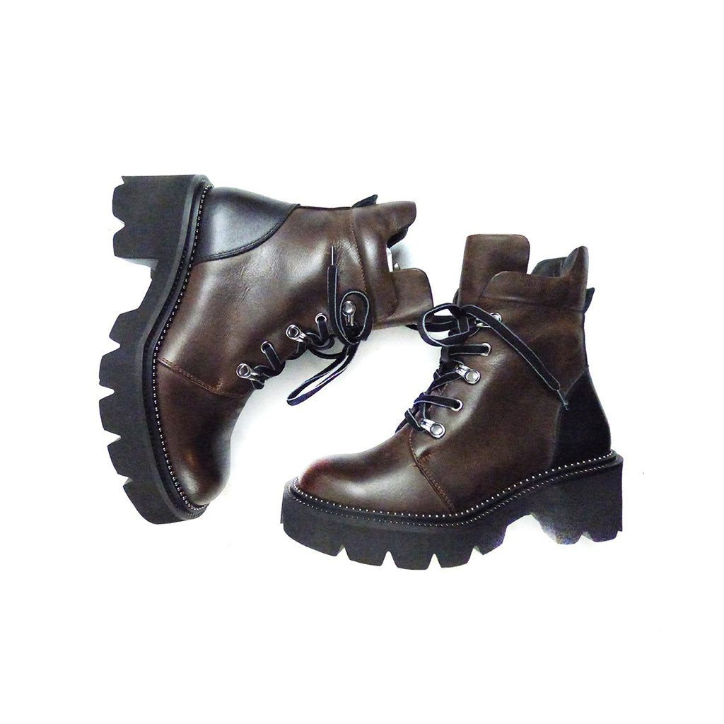 Damenstiefel Boots Schwarz/Braun – Schnürboots mit Zipper & Absatz Schnürstiefel