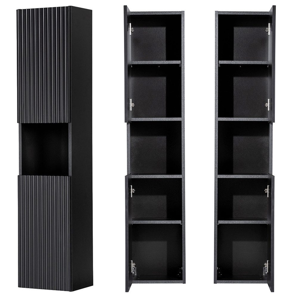 Lomadox Hochschrank NEWPORT-56-BLACK Badschrank 2-trg Regal schwarz gerillt günstig online kaufen