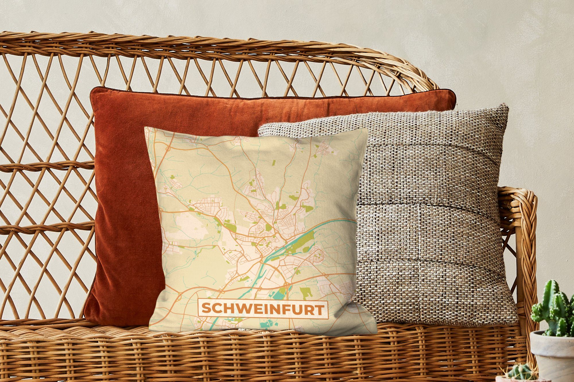 Vintage, - für MuchoWow Zierkissen Stadtplan mit Deko, Dekokissen Stadtplan Schweinfurt - - Schlafzimmer, Wohzimmer, Sofakissen Füllung