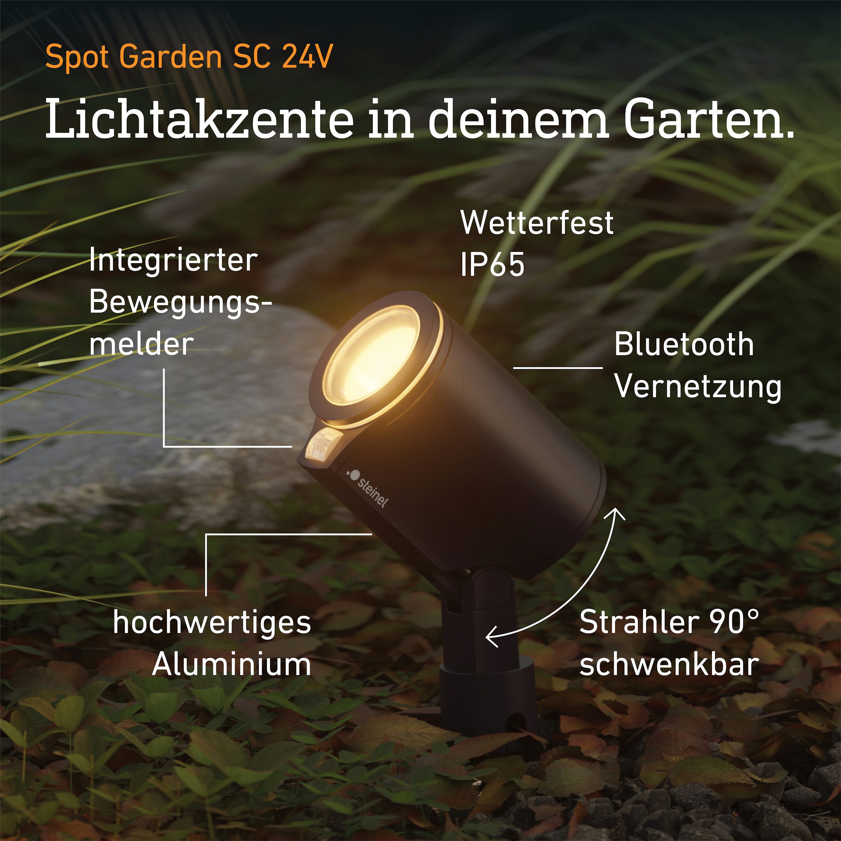 steinel Gartenstrahler Spot Garden 24 V, mit Bewegungsmelder, LED fest integriert, 16 Mio. Farben, RGBWW, dimmbar, Zeitschaltuhr, Plug & Play