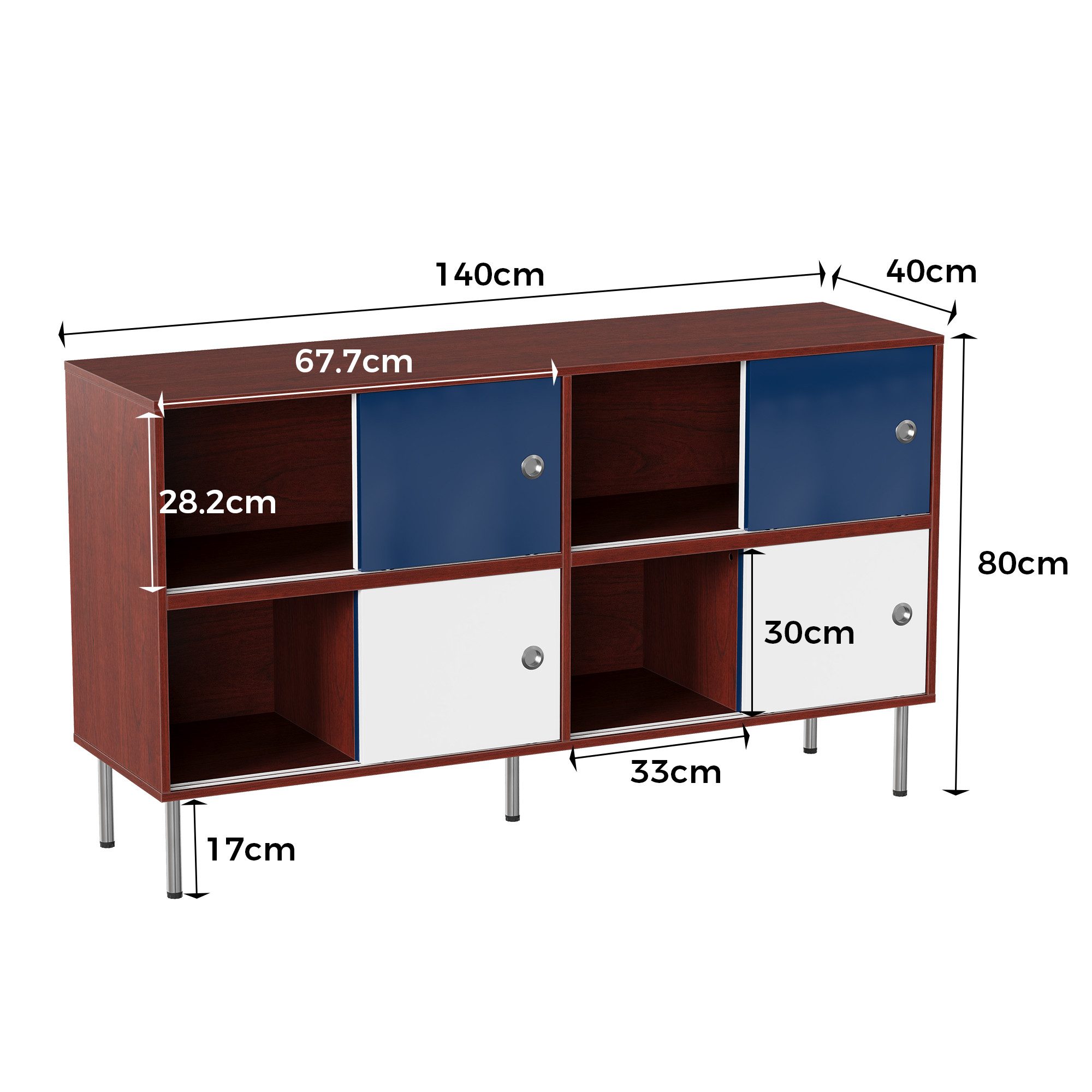 FUFU&GAGA Sideboard 140-160cm mit Schiebetüren, Mid-Century Kommode Walnuss/Blau/Weiß – Bild 4 von 5