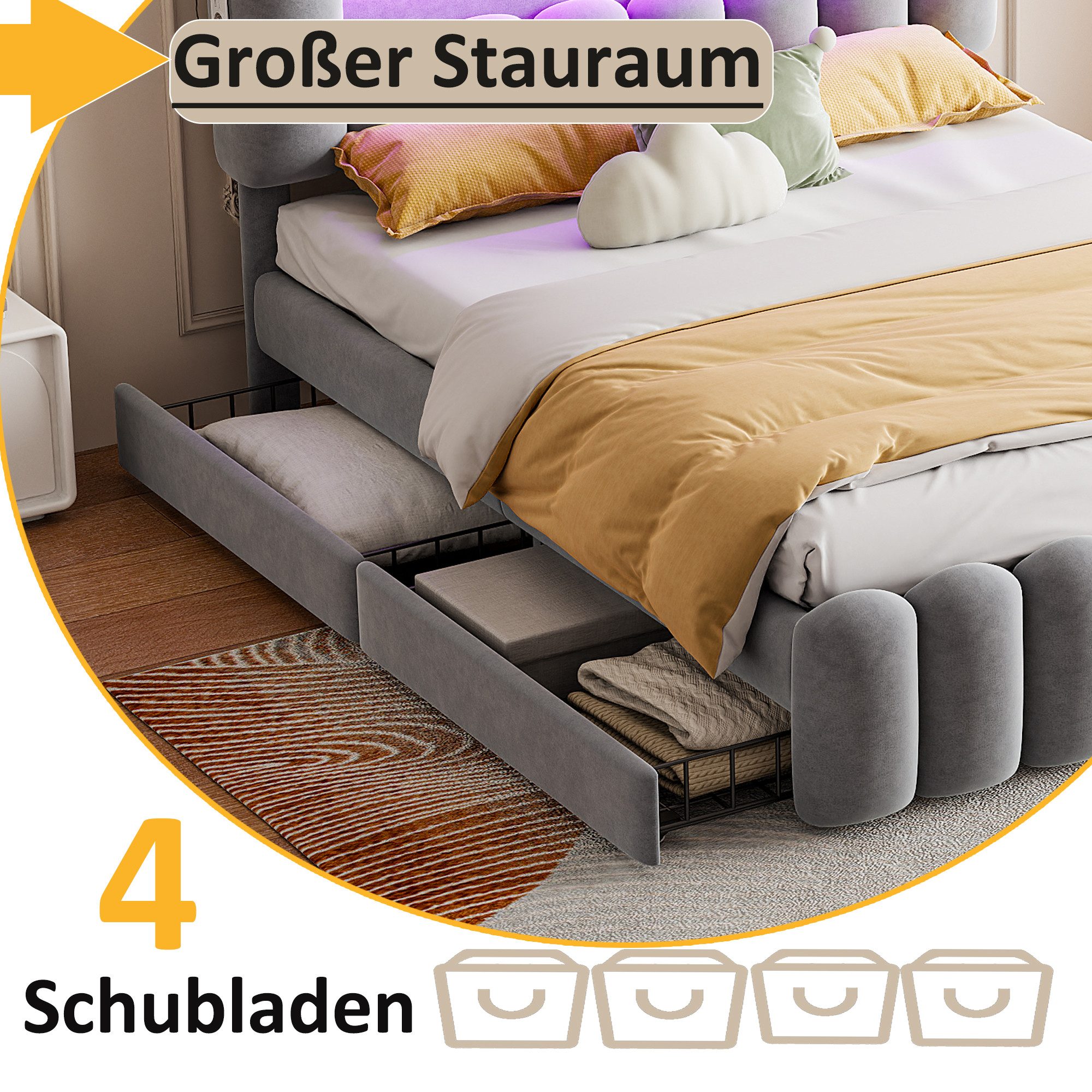 HAUSS SPOLE Polsterbett 160x200cm mit 4 Schubladen, LED-Lichtleiste, USB, S günstig online kaufen