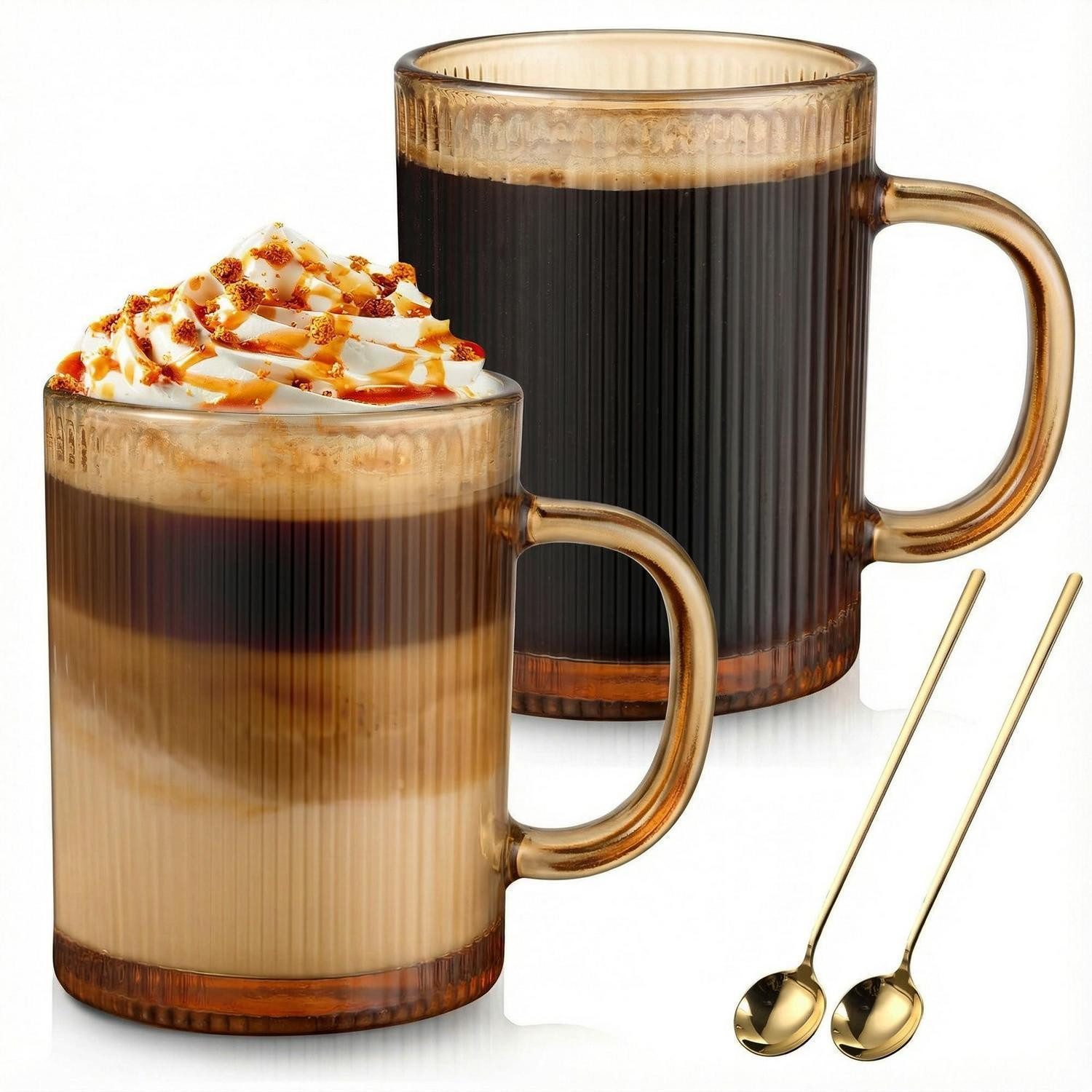LuxusKollektion Latte-Macchiato-Glas Cappuccino Tassen Set 350ml Geriffelt Gold mit Löffel, Glas