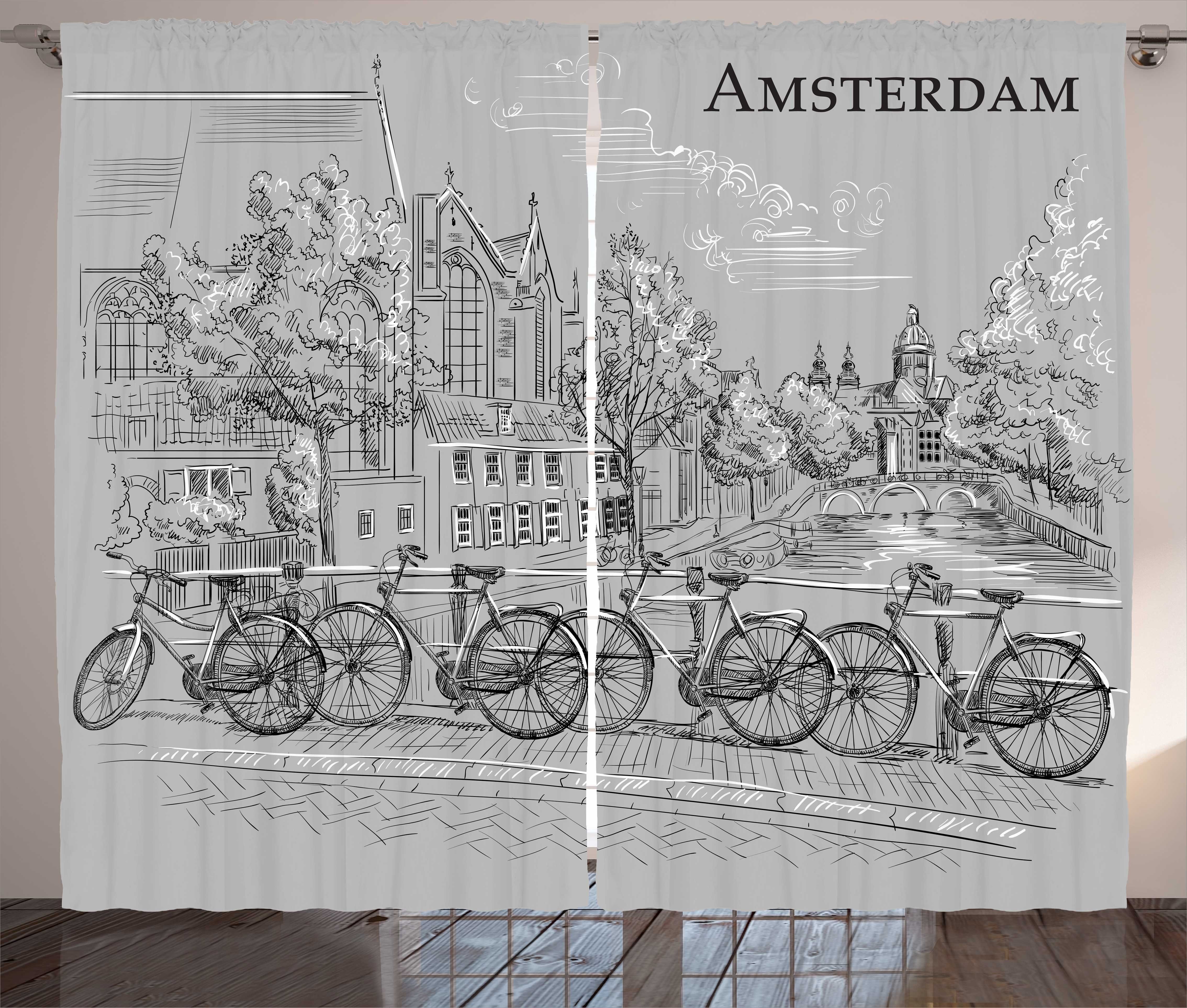 mit Schlaufen durch den Haken, Amsterdam Kanal Kräuselband Fahrräder Gardine Abakuhaus, Schlafzimmer Vorhang und