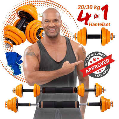 Miweba Sports Hantel-Set Premium FED 4in1 Hantel Set inkl. Transportkoffer - 20/30 kg, (Hantelstangen, Gewichte, Verbindungstück, Sternverschlüsse, Gummibezüge, Trainingshandschuhe, Stahl, kreuzgerändelter Griff, rutschfest, Multifunktionshantel, schwarz / orange, Krafttraining, Muskelaufbau, Sport, Workout, Training), Fitness Kurzhanteln Langhantel Hantelscheiben Gewichte