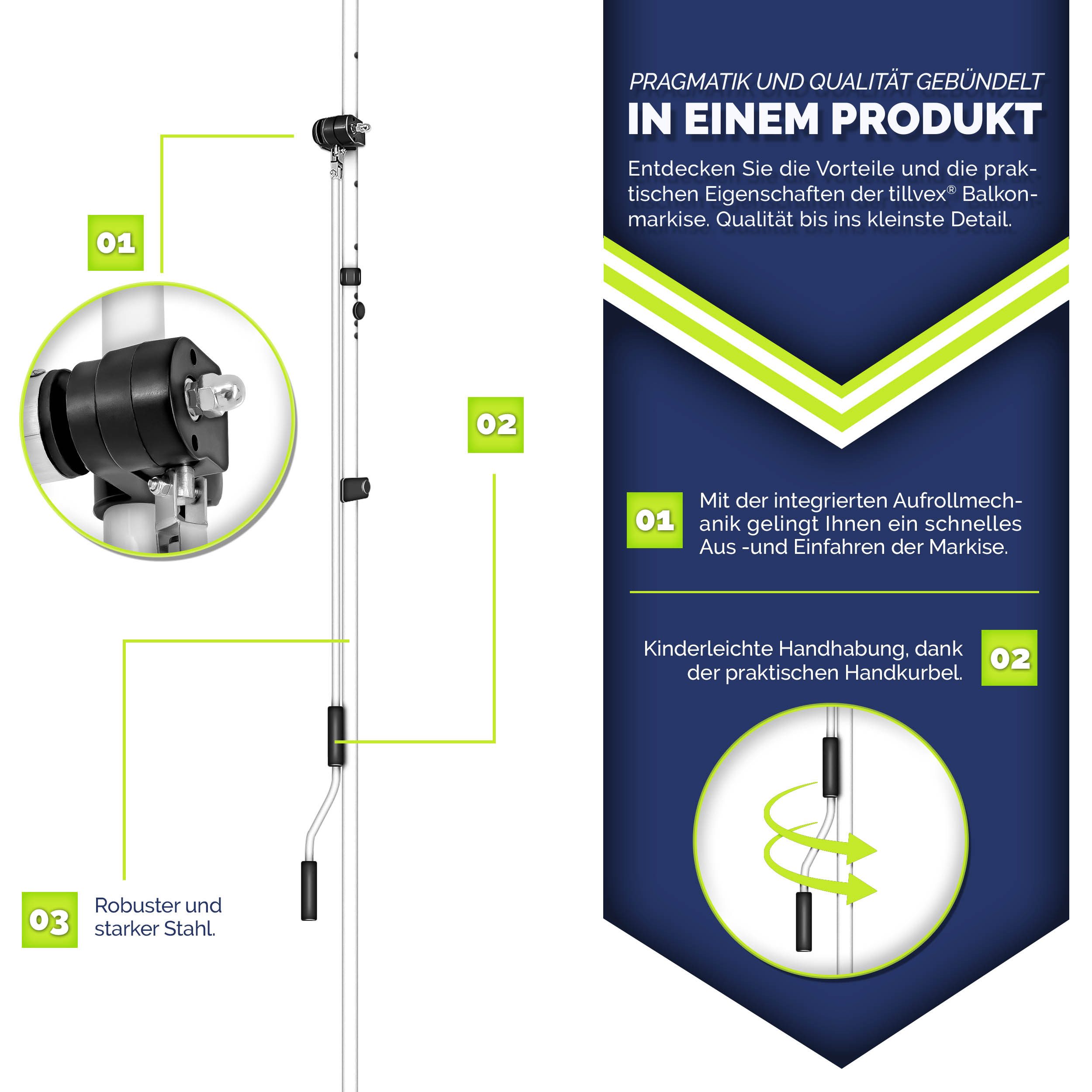 tillvex Klemmmarkise Balkonmarkise ohne Bohren, Markise mit Handkurbel & höhenverstellbar Sonnenschutz UV-beständig & wasserdicht – Bild 5 von 5