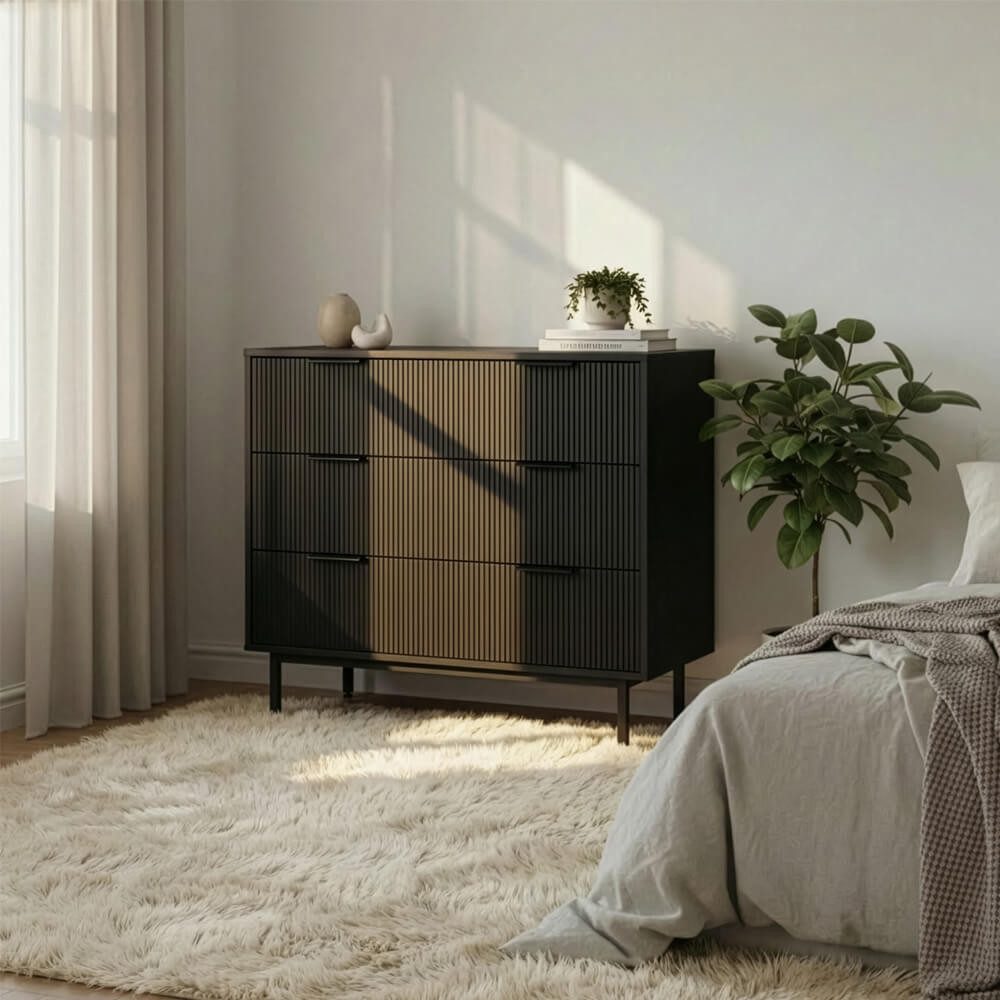 HOME DELUXE Kommode NYLA - 90 x 42 x 80 cm, 3 Schubläden, Schrank mit Lamellenfronten