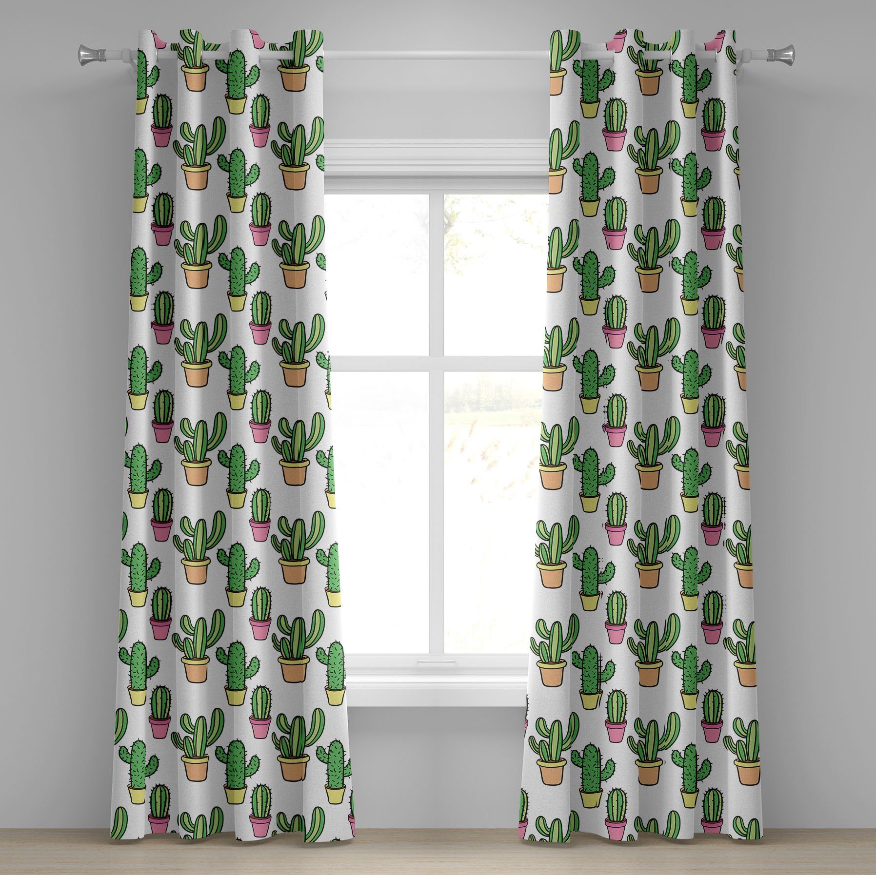 Kaktus Cartoon für Blumen Abakuhaus, Dekorative Wohnzimmer, 2-Panel-Fenstervorhänge Gardine Schlafzimmer