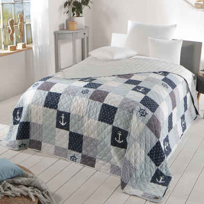 Bettüberwurf Patchwork maritim Anker blau, Delindo Lifestyle, Patchwork