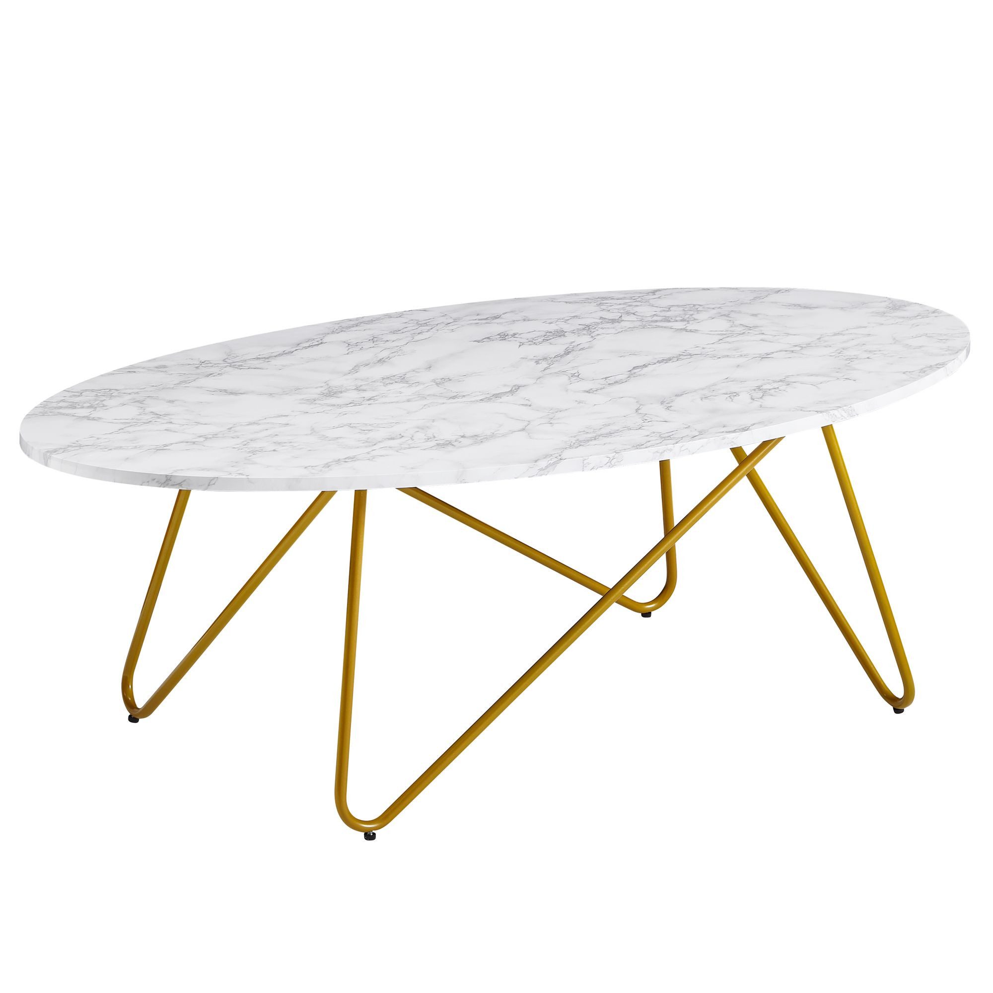 Wohnling Couchtisch WL6.315 Marmor Optik Weiß 120cm Wohnzimmertisch Oval Tisch Sofatisc (120x40x60 cm mit Marmor Optik Weiß Oval Modern), Sofatisch mit Metallgestell, Wohnzimmertisch