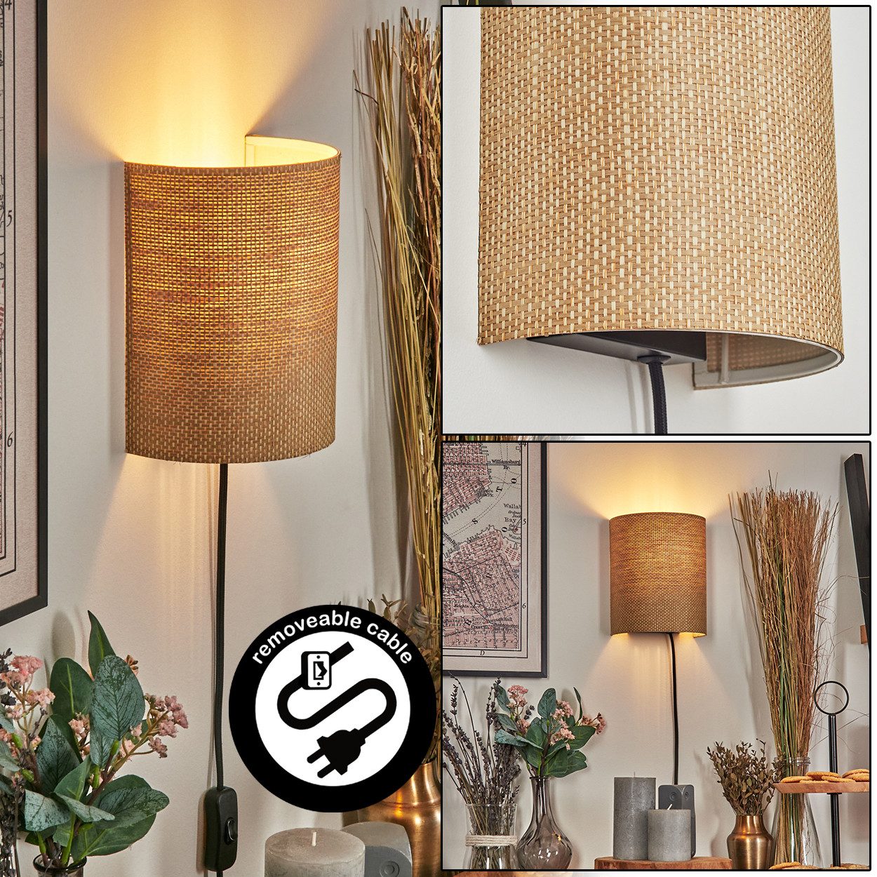 hofstein Wandleuchte Wandlampe aus Metall/Bast in Schwarz/Natur, ohne Leuch günstig online kaufen