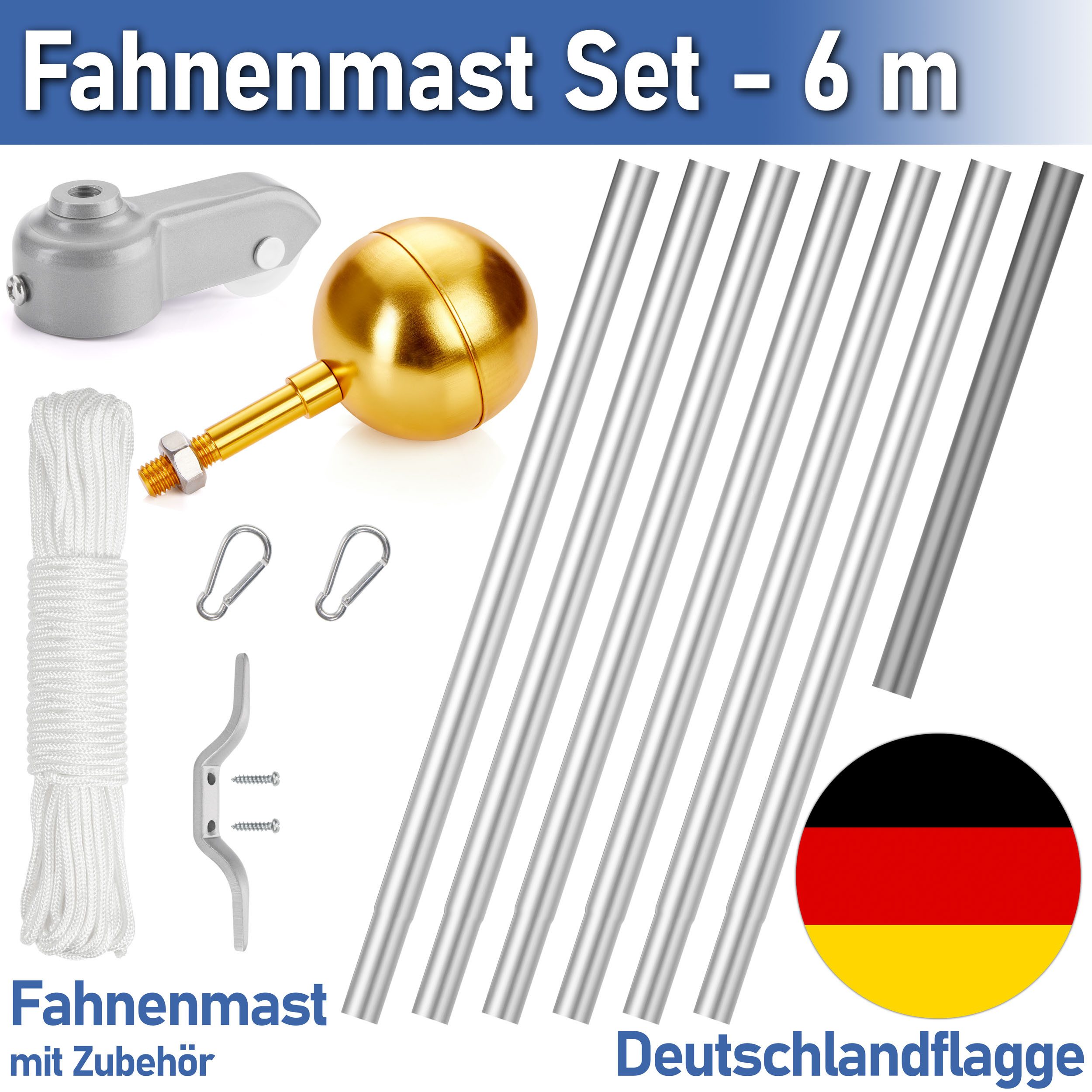 BRUBAKER Fahnenmast Fahnenmast inkl. Deutschlandflagge und Kugelspitze Gold, (Aluminium Flaggenmast mit Erdhülse für Garten und Camping), + Deutsche Fahne 150 x 90 cm