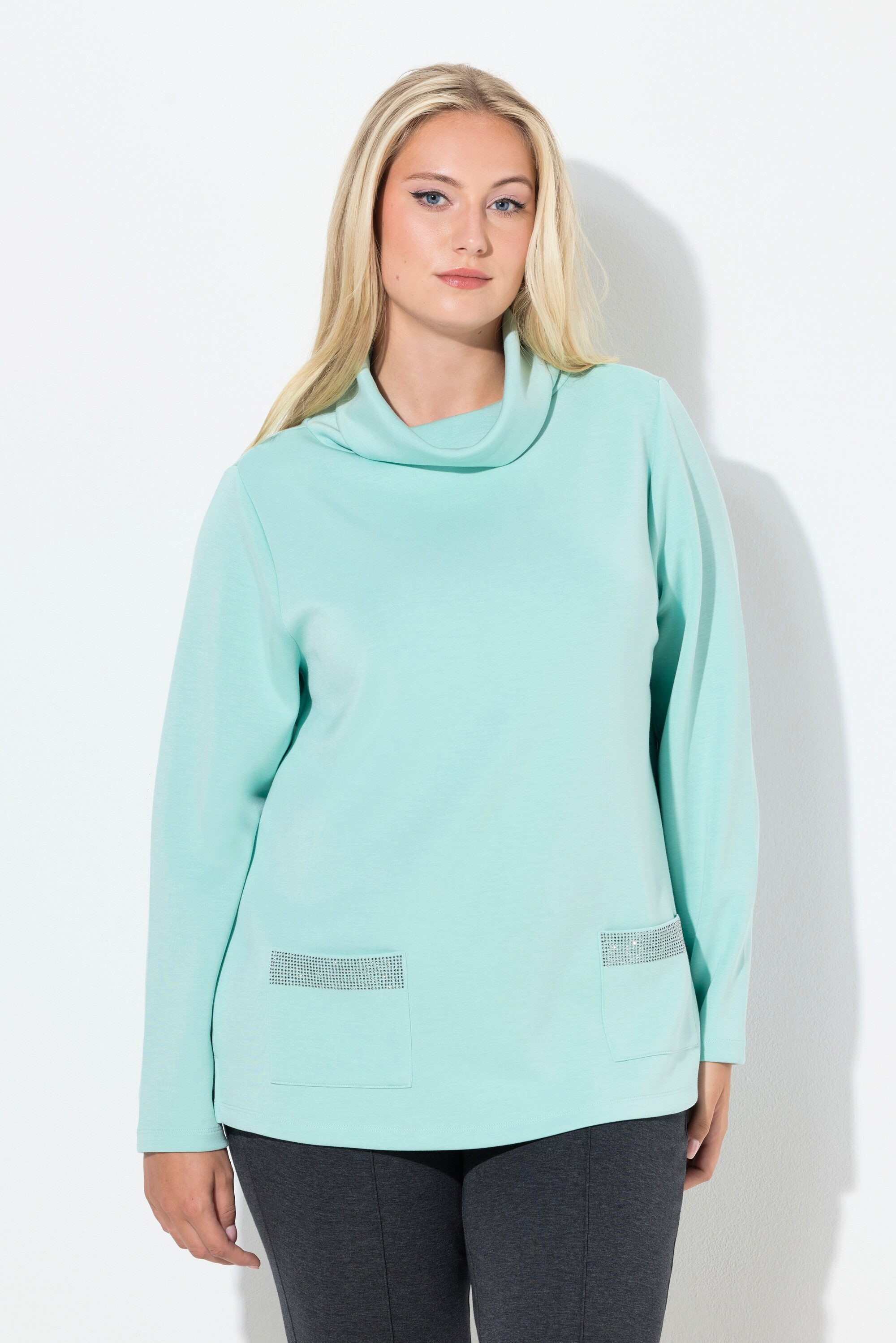 Sweatshirt Sweatshirt Ziersteintaschen Boxy Stehkragen