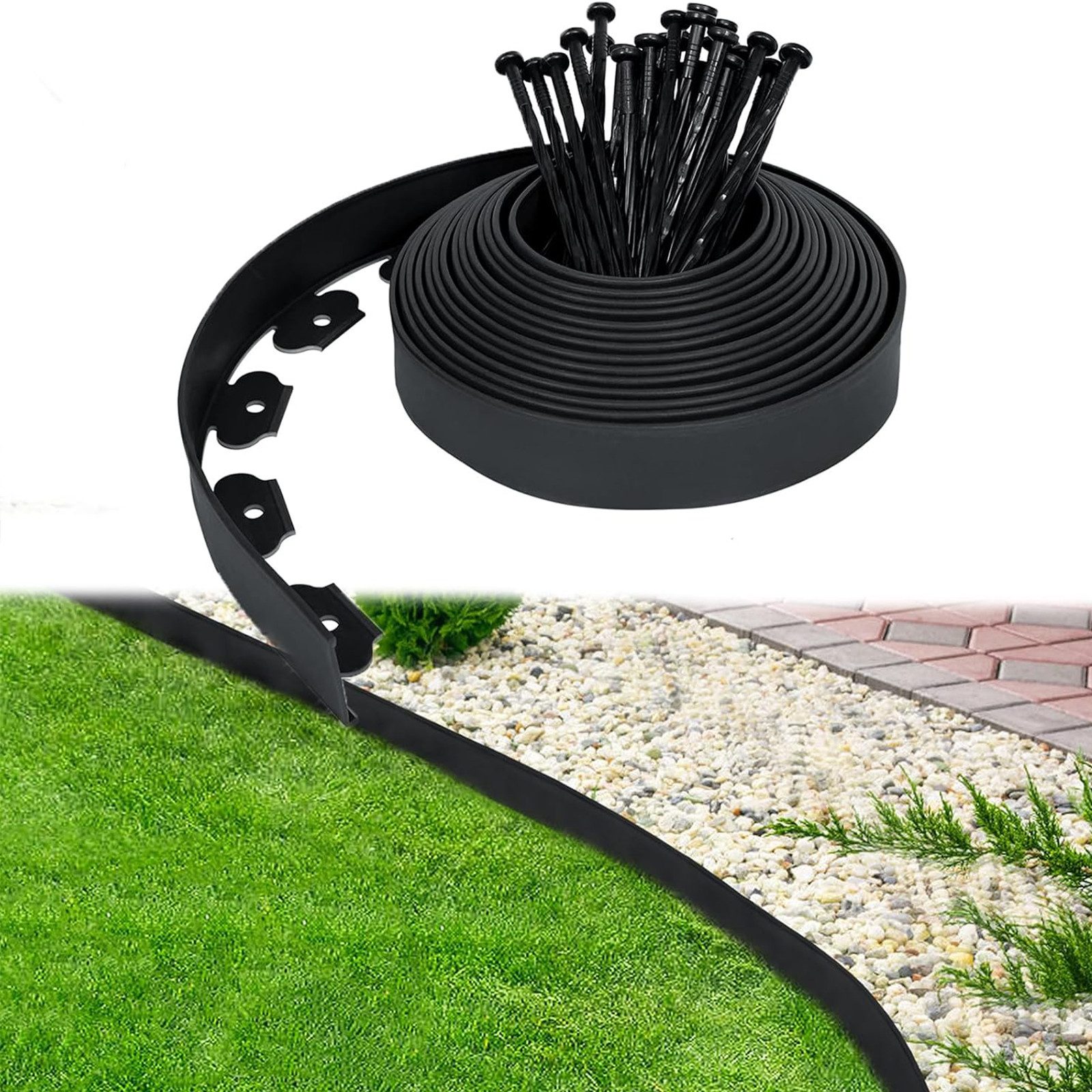FIVMEN Rasenkante Rasenkante Kunststoff 10m Flexible Beetumrandung Wurzelsperre System, Schwarz/Hellgrau/Grün, Beeteinfassung blumenbeet Umrandung mit 30 Befestigungsnägeln