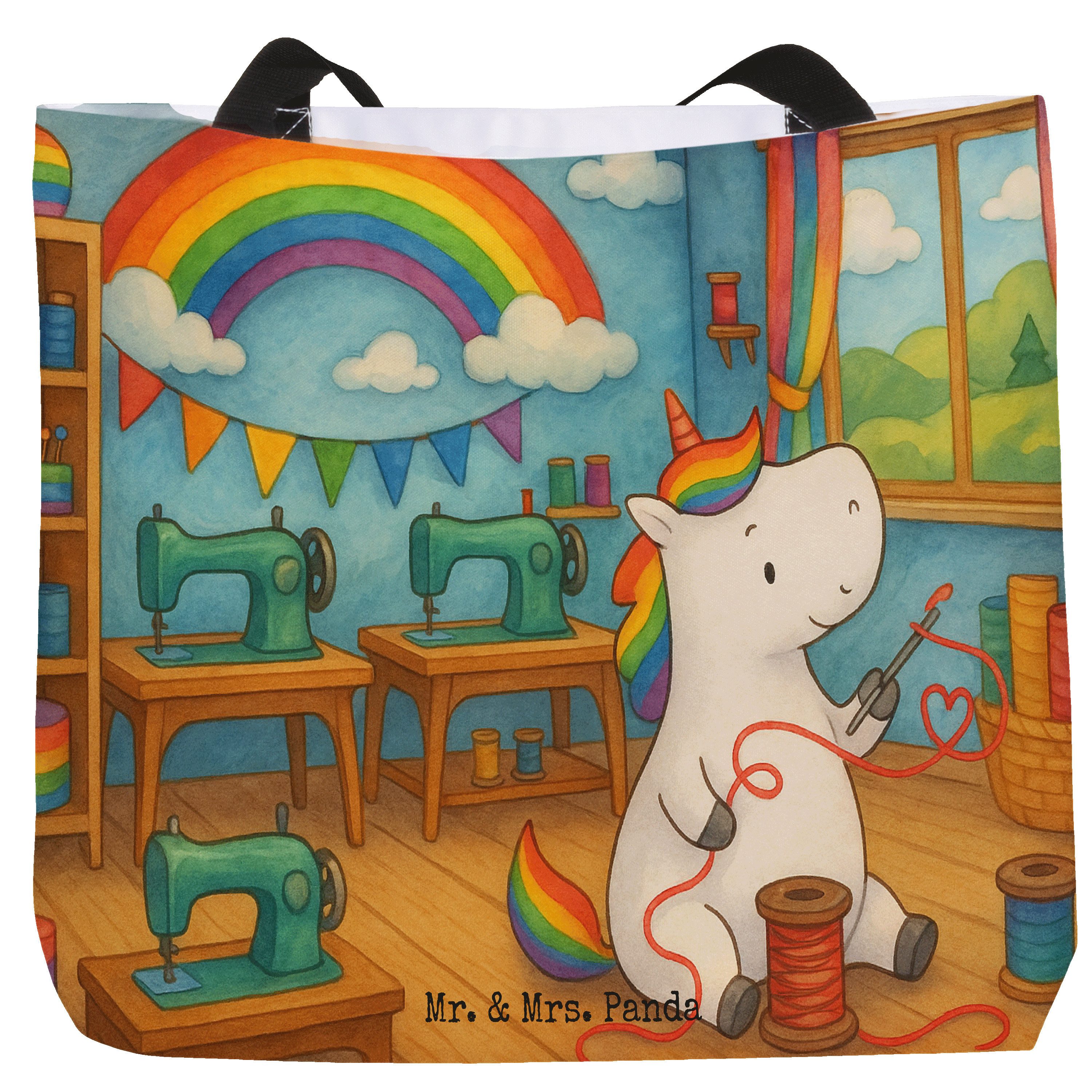 Mr. & Mrs. Panda Shopper Einhorn Näherin Design, Reisetasche, Weiß, Nähen, Unicorn, Basteln, R (Packung), Einhörner Schultasche Alltagstasche