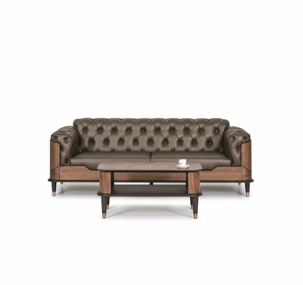 JVmoebel Chesterfield-Sofa Stilvoller Brauner Chesterfield 3-Sitzer Robuster Couchtisch 2tlg, 2 Teile, Made in Europa
