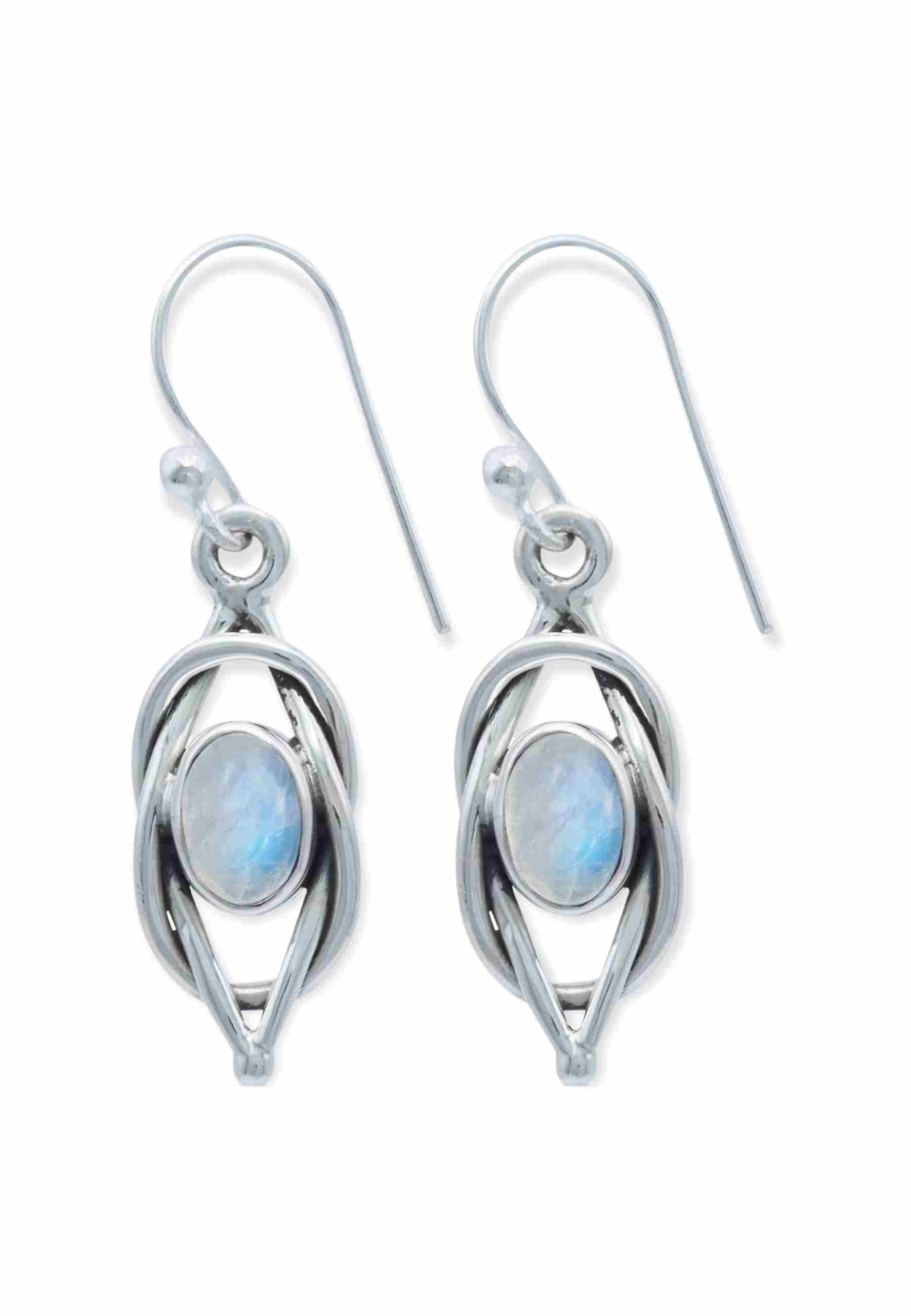 mantraroma Paar Ohrhänger ANELA aus 925 Silber mit Regenbogen Mondstein (Paar, Paar Ohrringe mit Schmuckbeutel), 925 Sterling Silber Ohrringe für Damen