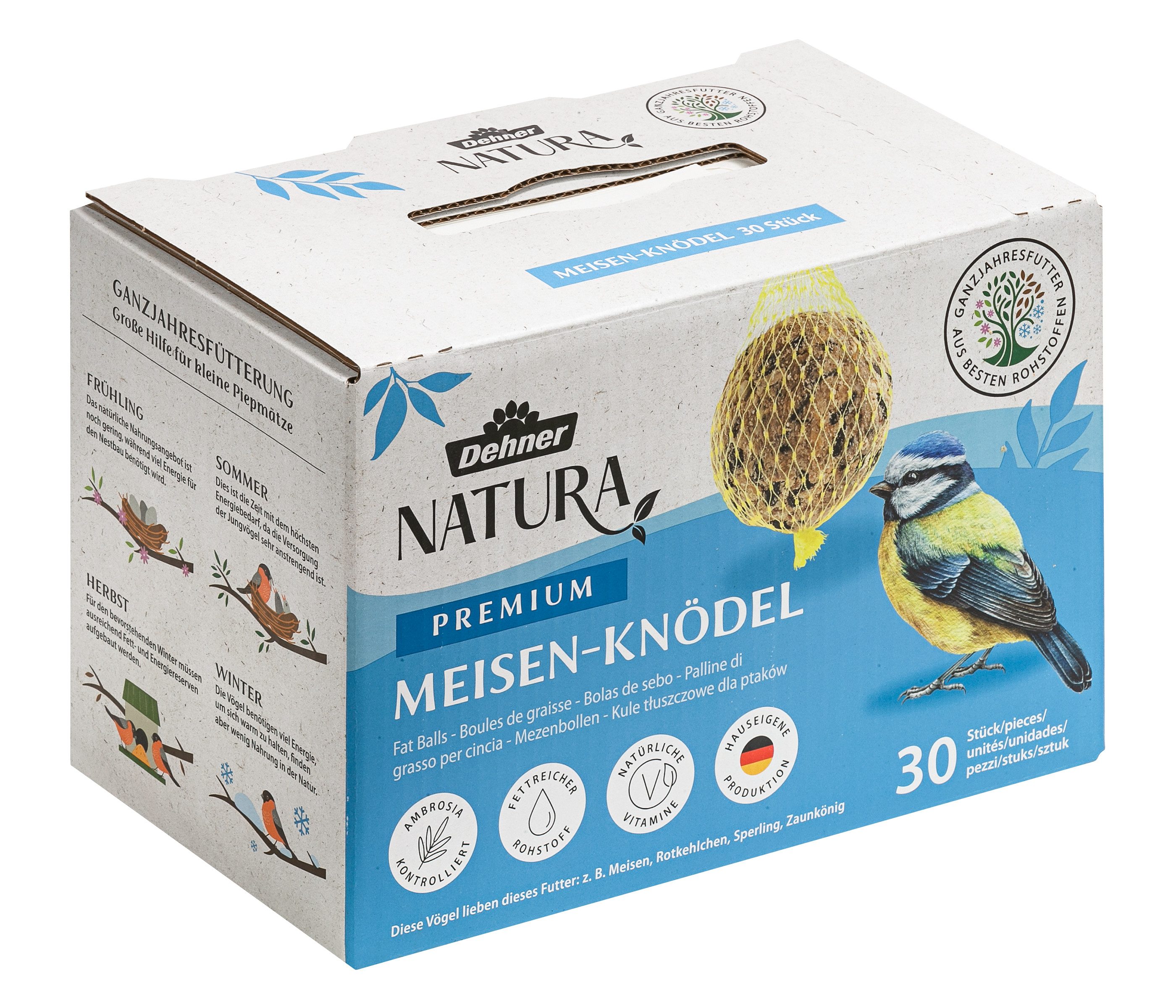 Dehner Natura Große Meisenknödel, mit Netz, 30 Stück je 90 Gramm (2.7 kg), Hauptfutter für: Wildvogel, Gartenvögel, im Karton, hochwertiges Wildvogelfutter zur ganzjährigen Fütterung