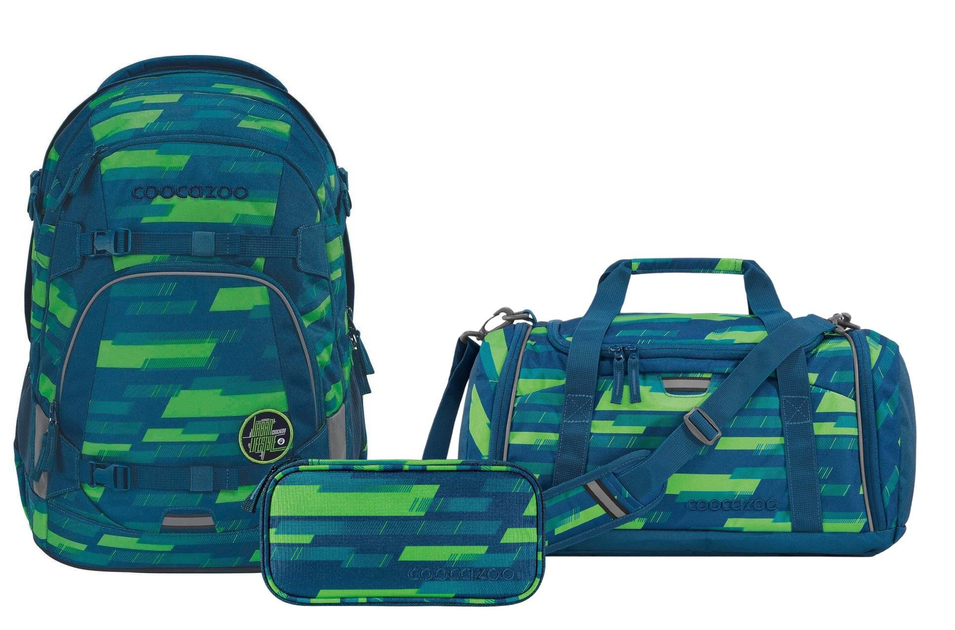 coocazoo Schulranzen Schulrucksack-Set MATE Lime Stripe 3-teilig (Rucksack, Mäppchen, Sporttasche), ab 5. Klasse, ergonomisch, reflektiert