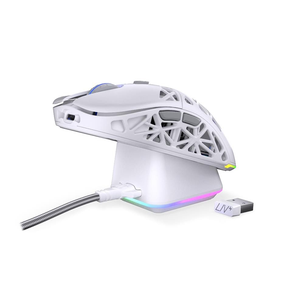 ENDORFY LIV Plus Wireless Gaming-Maus 26.000 DPI mit Ladestation, Weiß Mäuse (Drei Verbindungsarten, 160 Std., sechs Tasten)