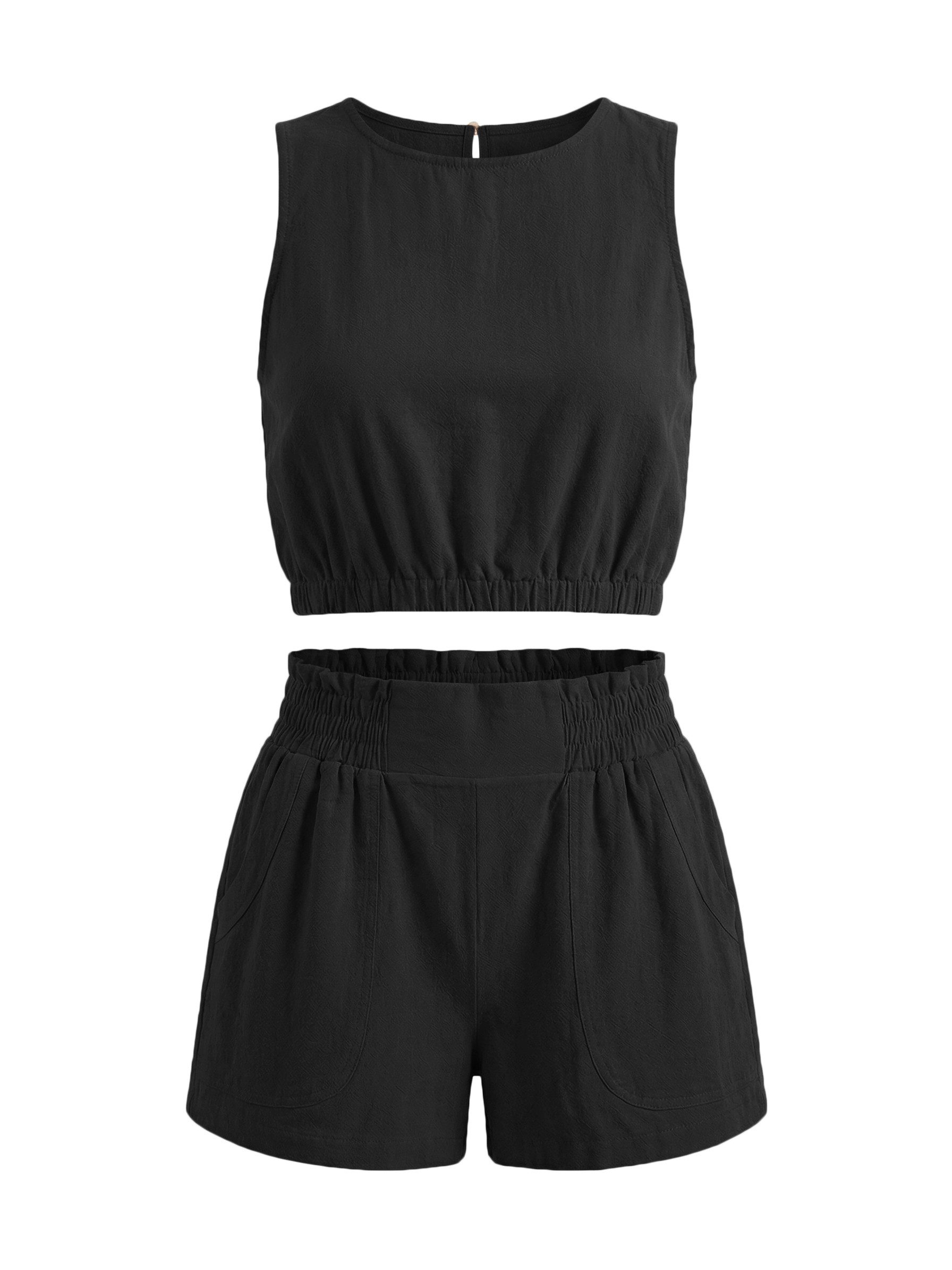 Imily Bela Hausanzug Damen Sommerliche 2-teilige Shorts-Sets (Set, 2 tlg., Ärmelloses Crop-Top + High-Waist-Shorts) Einfarbig