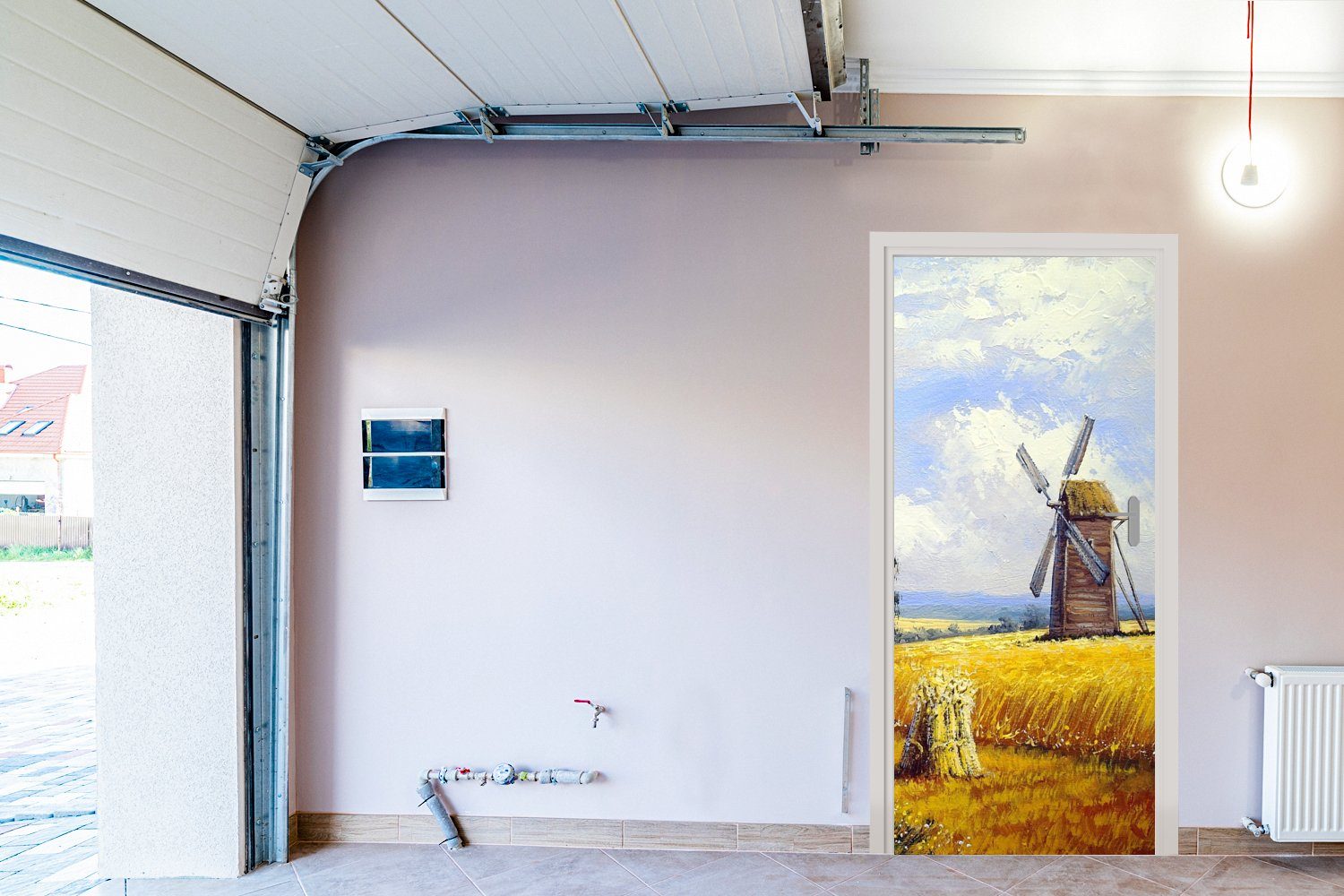 MuchoWow Türtapete Gemälde - für Tür, Matt, Mühle bedruckt, Ölfarbe, St), - cm Türaufkleber, - (1 Bauernhof 75x205 Fototapete