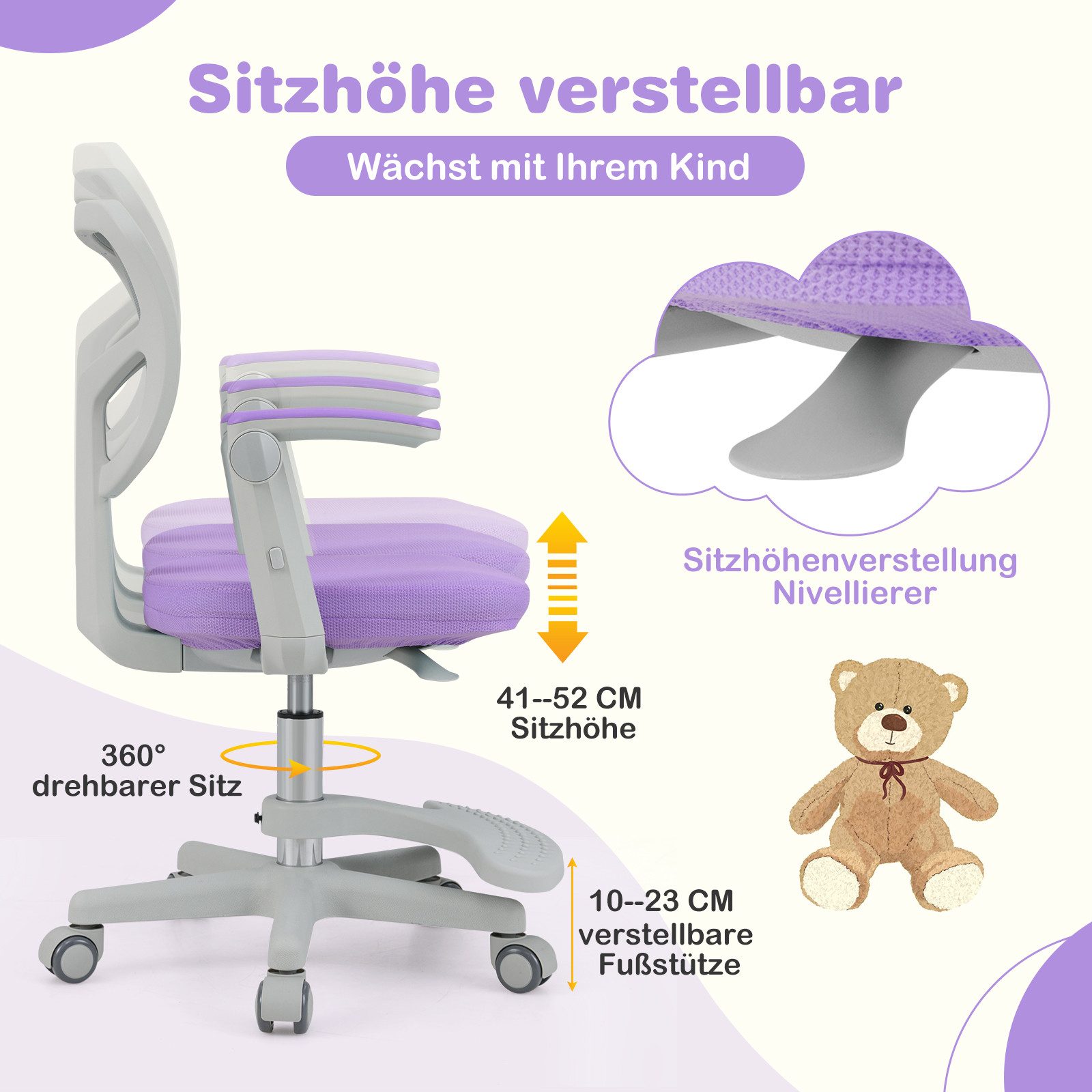 COSTWAY Drehstuhl, Kinder mit 5 Rollen, Schreibtischstuhl höhenverstellbar