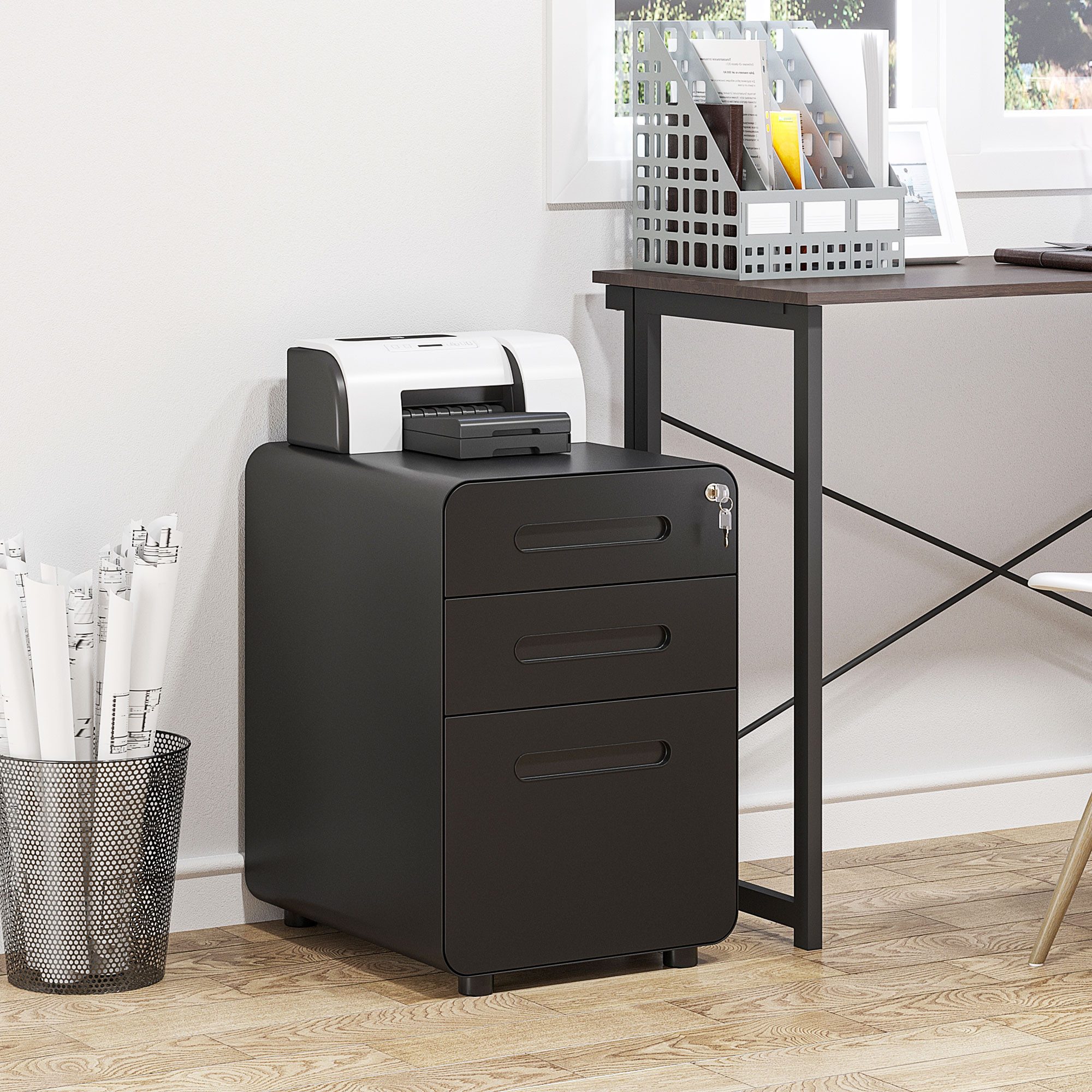 Vinsetto Rollcontainer 3 Schubladen Aktenschrank abschließbar, Hängeregistratur Stiftfach, (Büroschrank, 1 St., Aktenschrank), Stahl, Schwarz, 39 x 48 x 59 cm