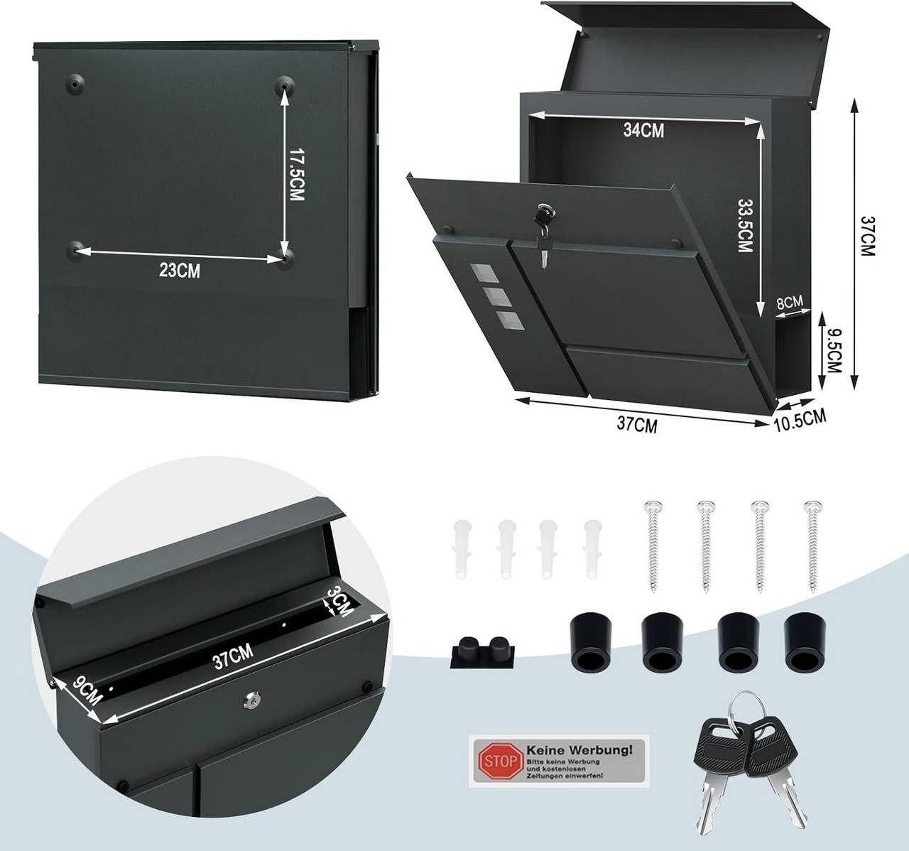 Woltu Wandbriefkasten (1-St), Postkasten mit Zeitungsfach Sichtfenstern Klappdeckel, abschließbar
