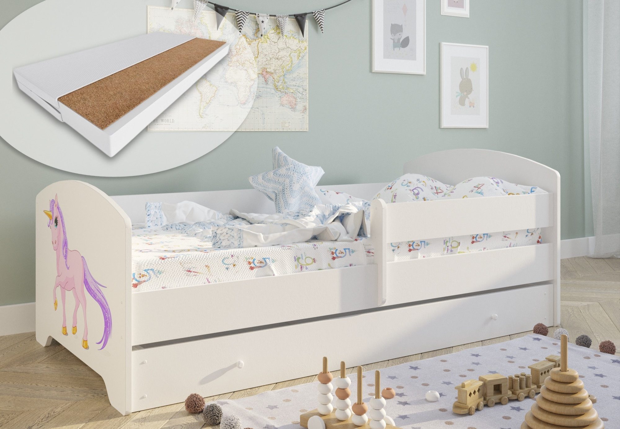 Kids Collective Kinderbett 70x140 / 80x160 cm Komplettset mit Matratze & Schublade (Bett für Jungen und Mädchen, Einzelbett für Kinder von 2 - 10 Jahren), komplettes Set mit Einhorn Motiv für Jungen und Mädchen 80x160 cm