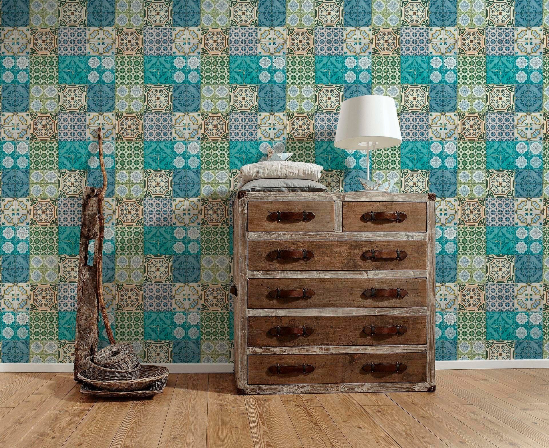 living walls Vliestapete Authentic Walls, glatt, matt, gemustert, mehrfarbig, ornamental, Motiv, (1 St), Moderne Tapete Kinder Metallic Tapeten Wohnzimmer Flur Küche Design