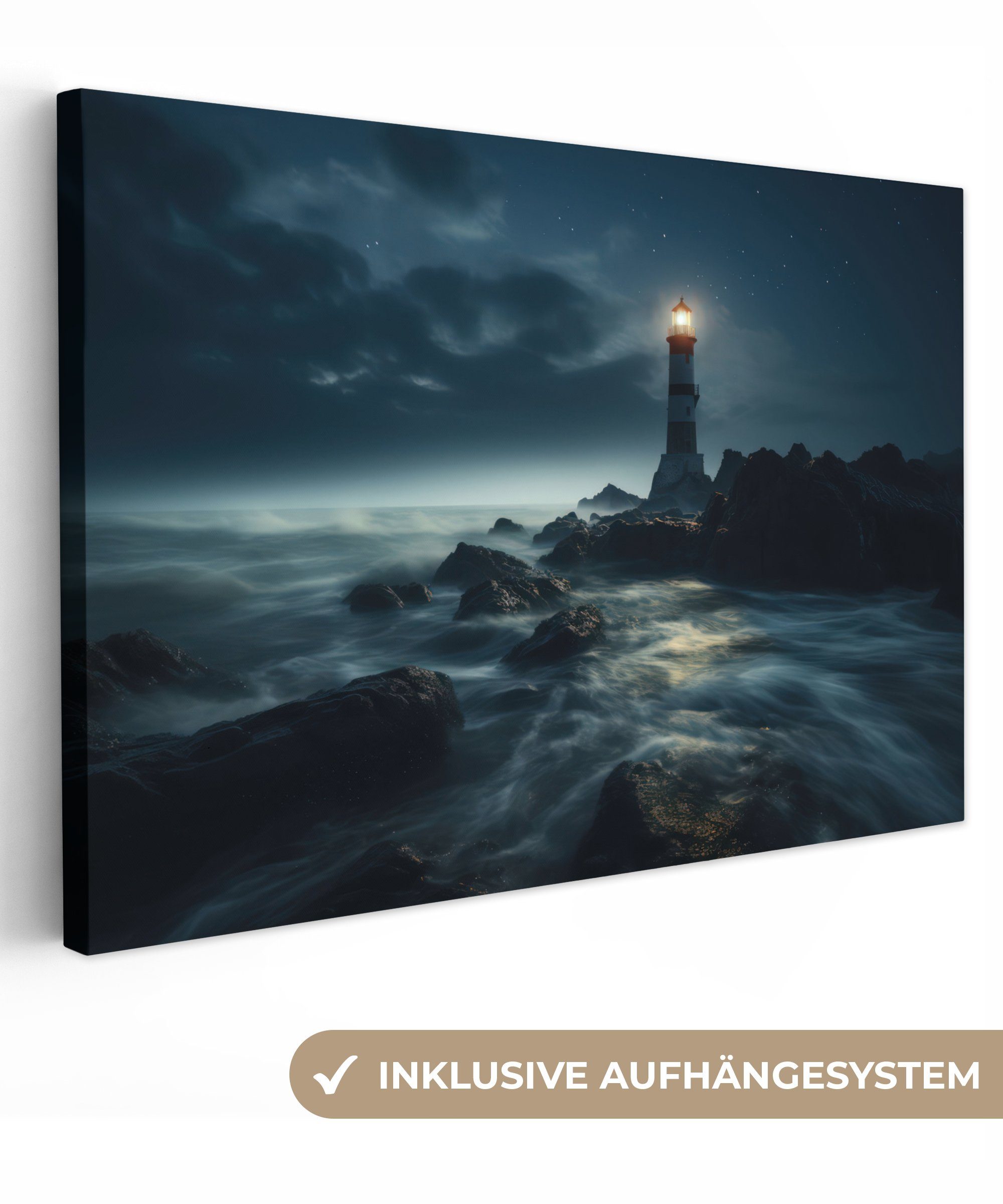 OneMillionCanvasses® Leinwandbild Leuchtturm - Meer - Nebel - Felsen - Maritim - Natur, Fotodruck (1 St), Leinwand Bilder Klein, Wand Dekoration Aesthetic 30x20 cm