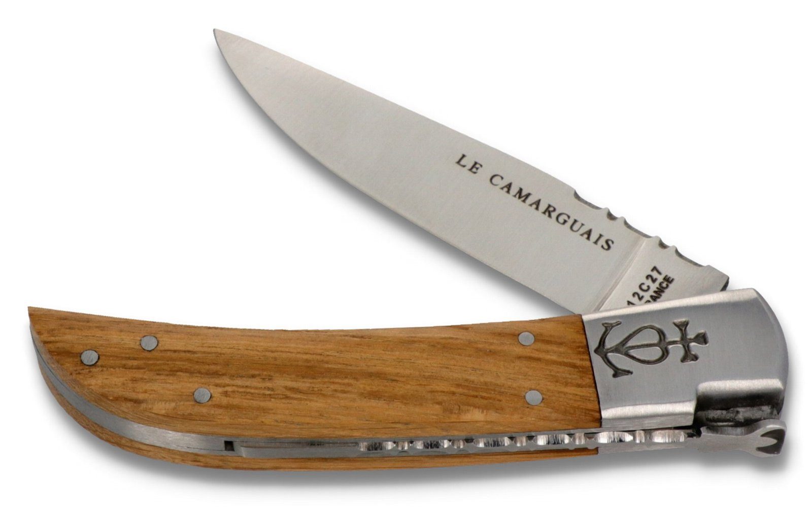 Le Camarguais Taschenmesser 20024, Griff 12cm Eiche - Feder, Klingenrücken verziert - Stahl matt