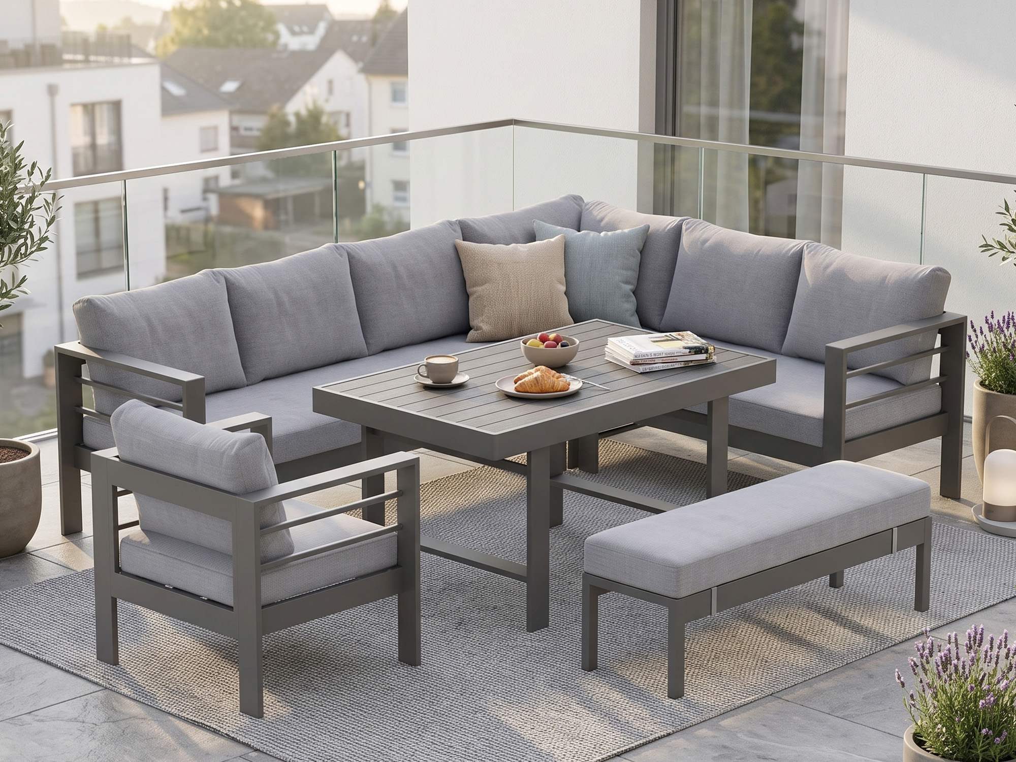 MeXo Gartenlounge-Set XXL Outdoor Lounge Set mit Esstisch, (wetterfeste modulare Ecklounge aus Aluminium, 6-tlg., Gartenmöbel Set für 6-9 Personen), 12cm Deluxe Relax-Sitzkissen, 8 cm breite Armlehne