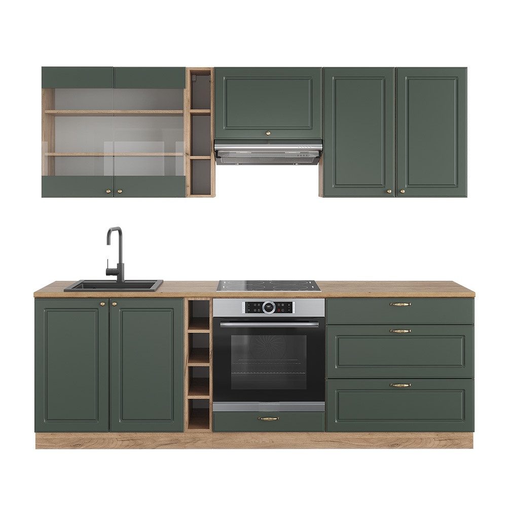 Vicco Küchenzeile Fame-Line, Grün-Gold Landhaus/Goldkraft Eiche, 235 cm, AP Eiche