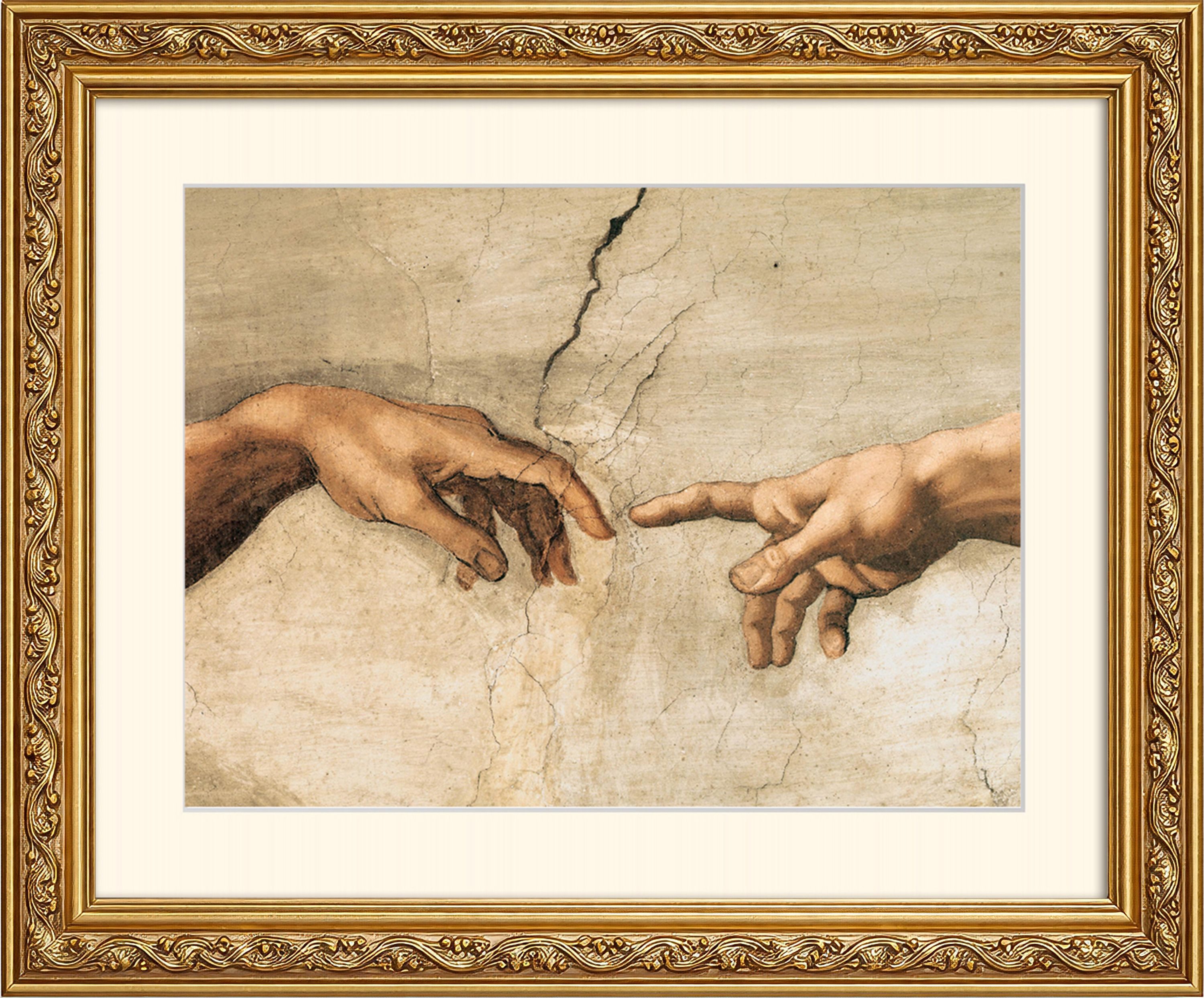 artissimo Bild mit Rahmen Wandbild gerahmt 63x53 cm Kunstdruck mit Passepartout & Barock-Rahmen, Michelangelo: La Creatione die Adamo - Hands