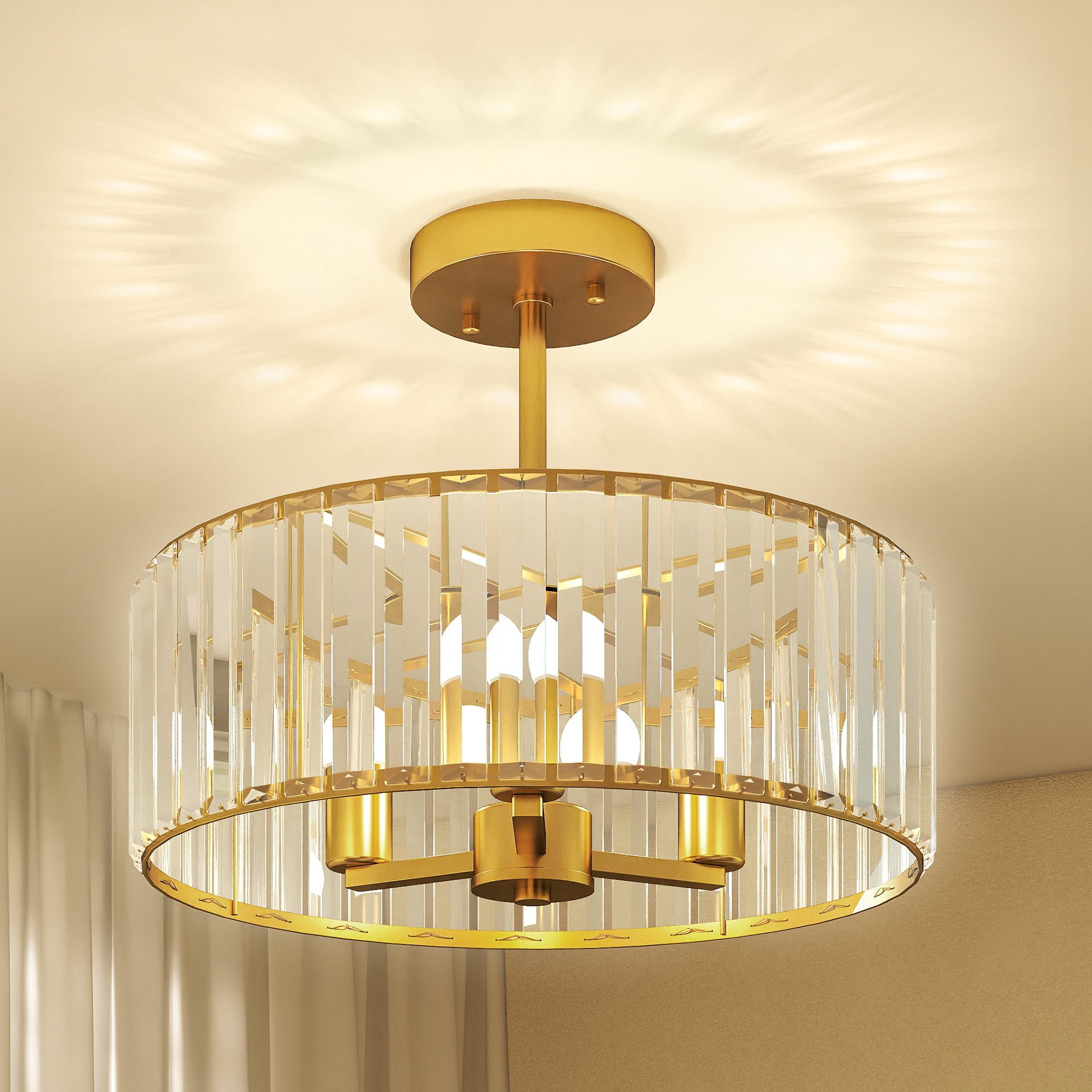 HOMCOM Deckenleuchte Deckenlampe Hängend mit 3 x E14 Fassung, Elegantes Kristalllicht, E14 Glühbirnen, für Schlafzimmer Wohnzimmer Ø39 x 32 cm, exkl. Glühbirne Gold