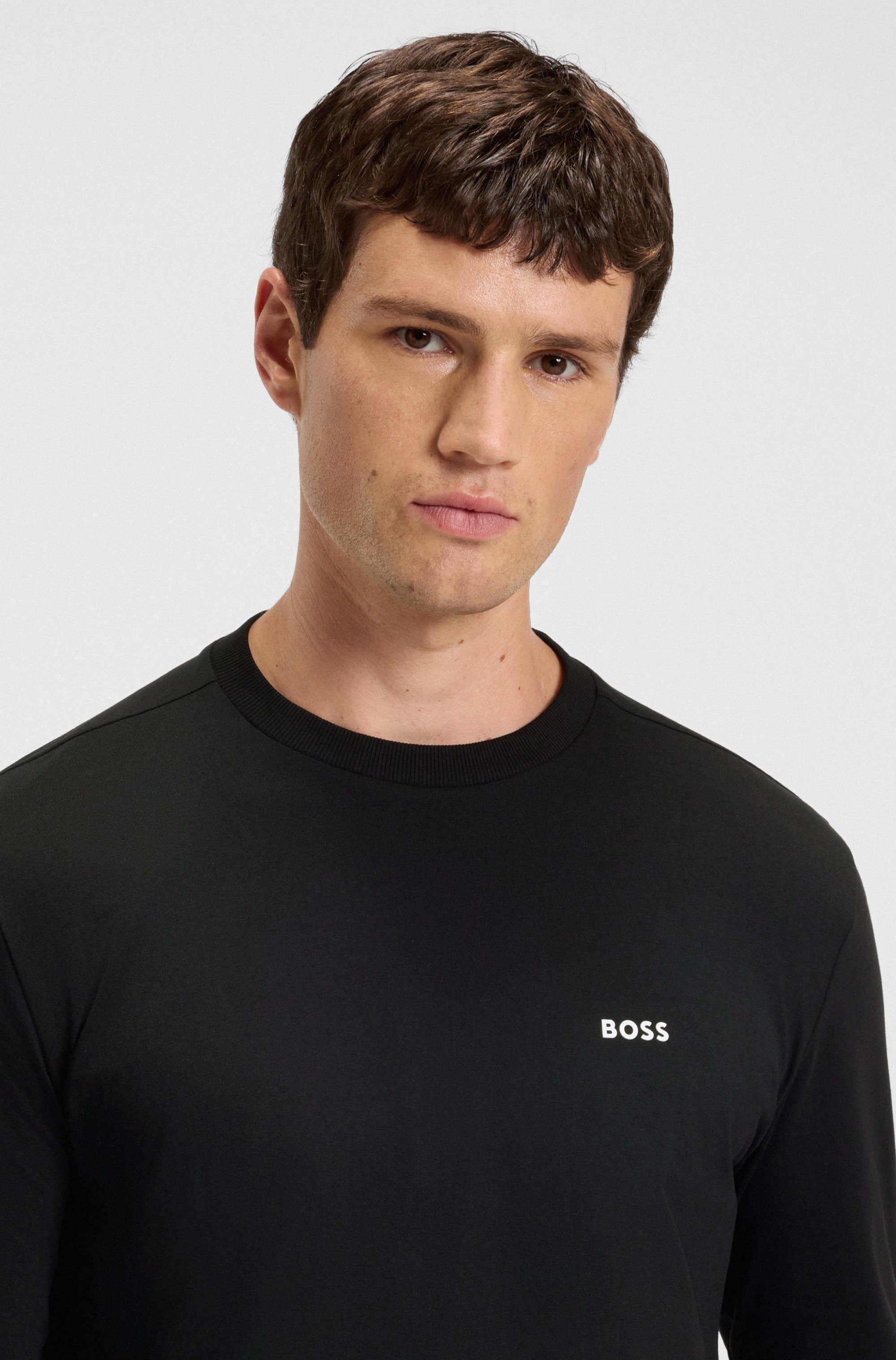 BOSS GREEN Langarmshirt Tee Long Regular Fit Stretch Jersey Cotton, Logo on Chest, Rundhals