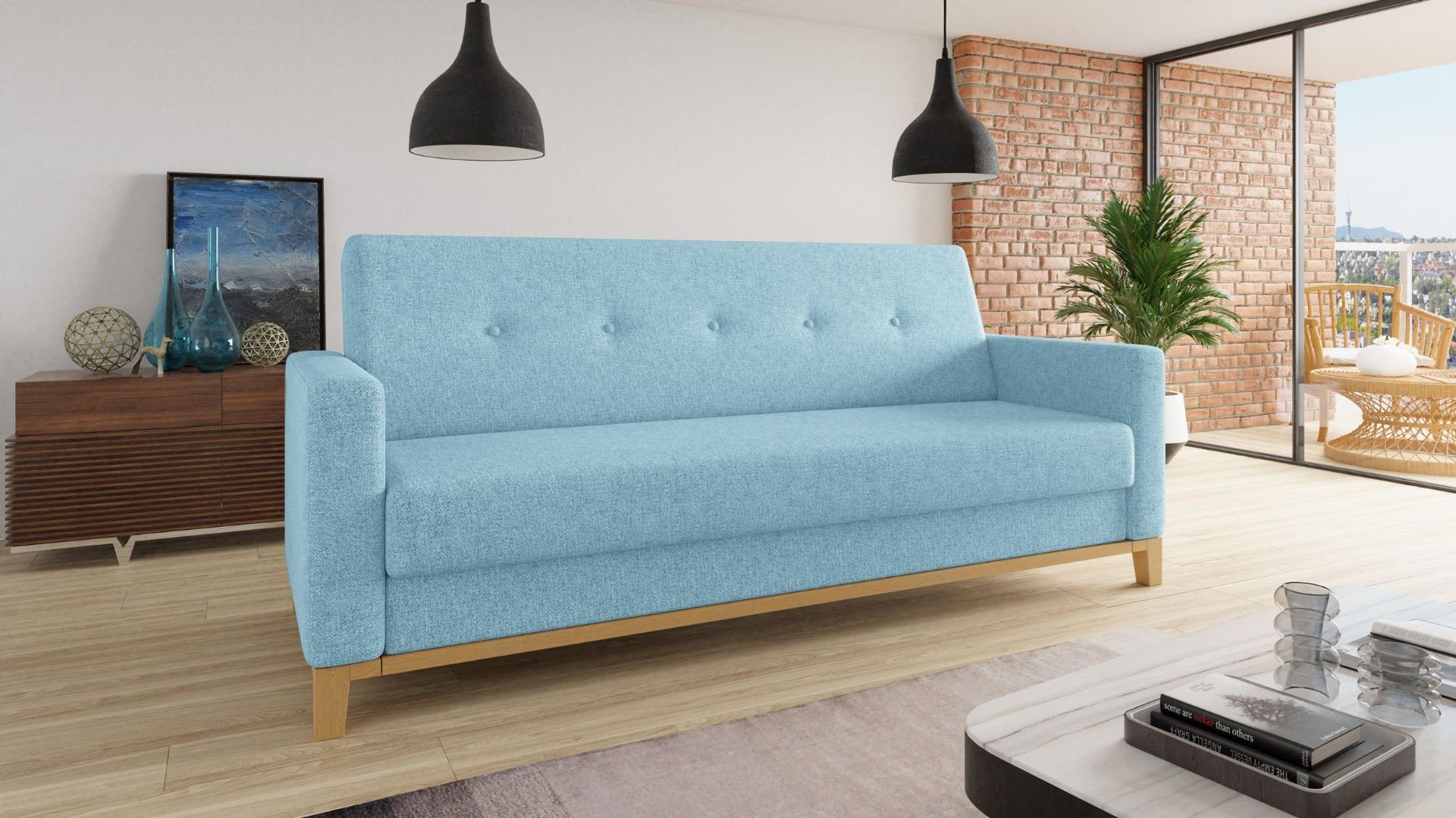 Sofnet Schlafsofa Wood, mit Schlaffunktion und Bettkasten, Bettsofa mit Holzfüße und Wellenfeder Twist 17