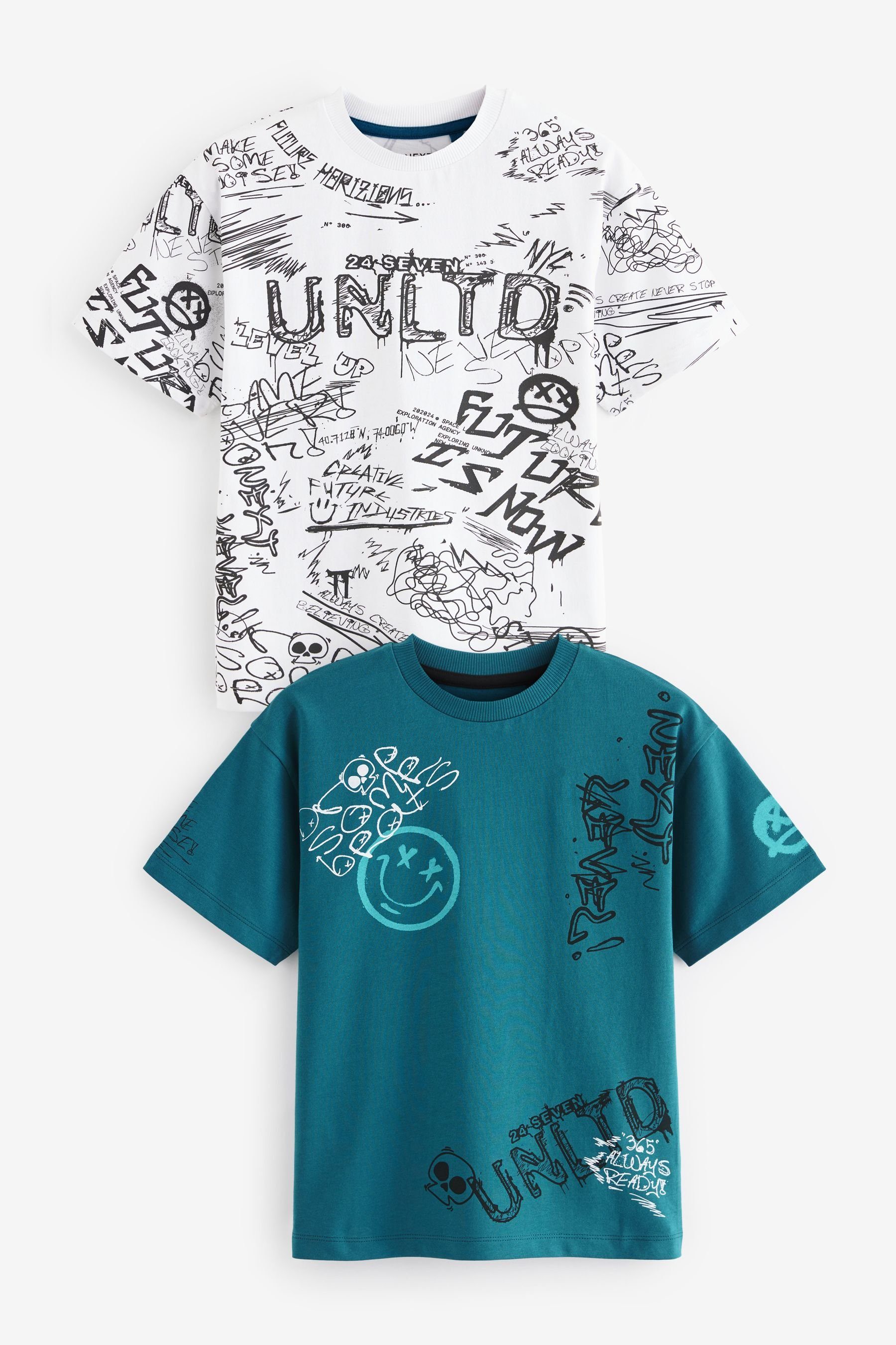 Sie können ein neues bekommen Next T-Shirt T-Shirts Graffiti 2er-Pack Teal mit Grafik Blue/White im (2-tlg)