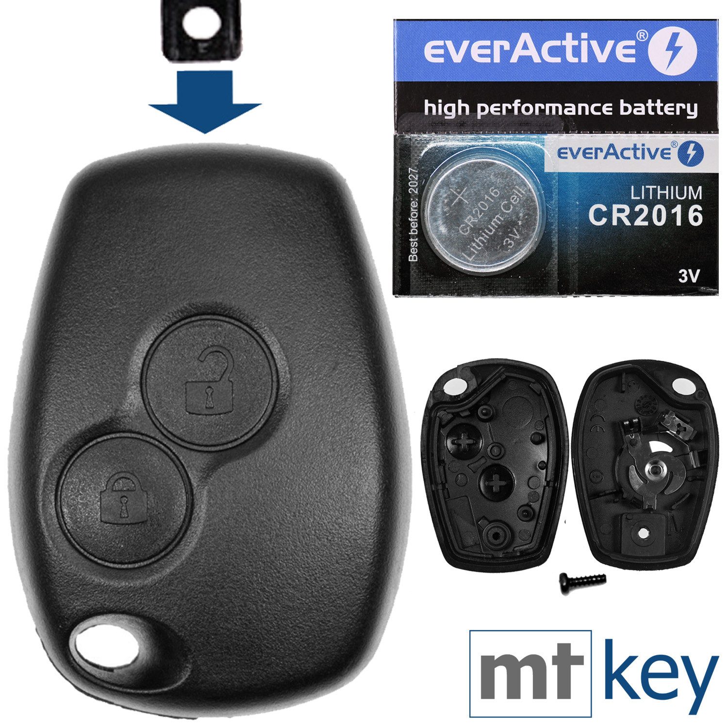 mt-key Auto Schlüssel Reparatur Ersatz Gehäuse 2 Tasten + 1x passende CR2016 Knopfzelle, CR2016 (3 V), für Renault Twingo II Clio III Dacia DUSTER Funk Fernbedienung
