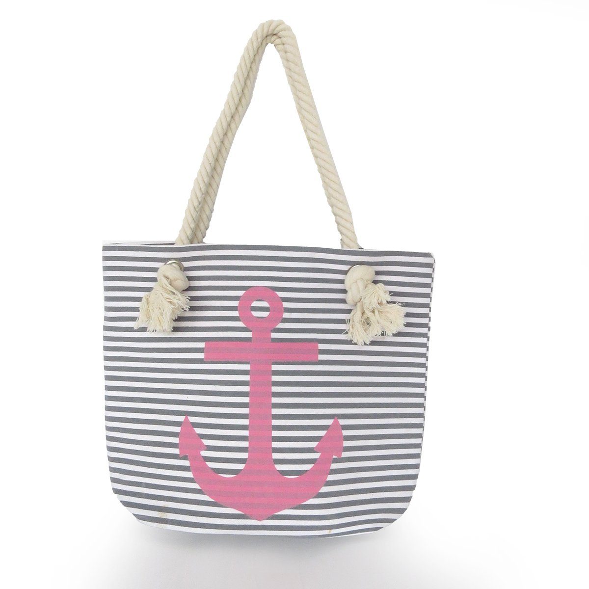 Sonia Originelli Umhängetasche Strandtasche mit Ankermotiv Beachbag Shopper Streifen Maritim grau-rosa
